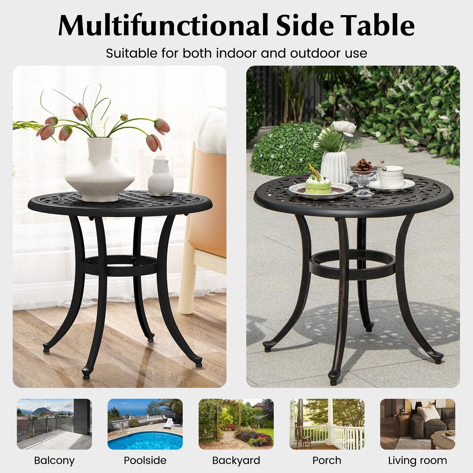 Giantex Patio Bistro Table, 24” Cast Aluminum Round Side Table, Outdoor Coffee Table for Porch, Pool, Backyard, Garden, Balcony