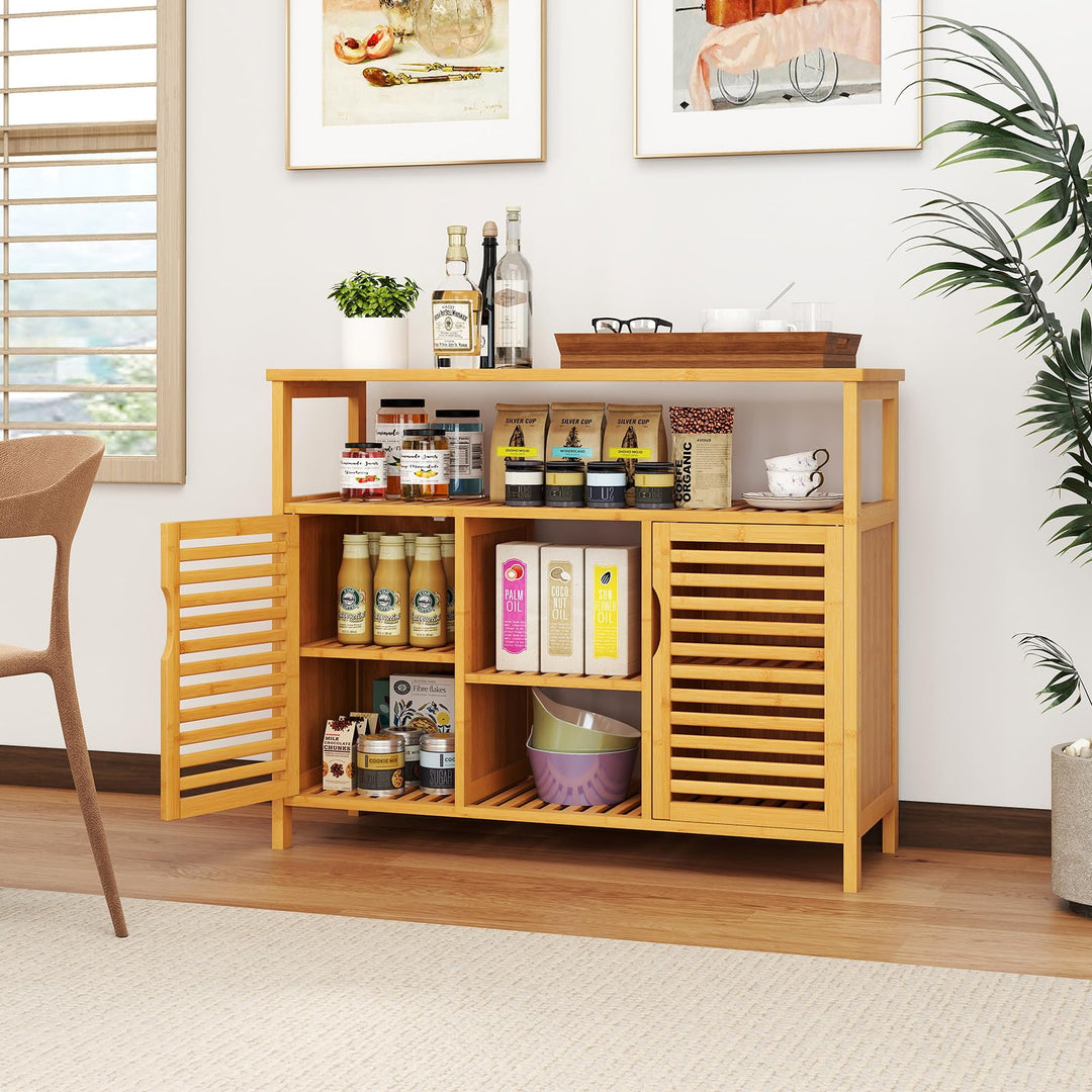 Giantex Bamboo Bathroom Storage Cabinet 2-Door Storage Organizer with Shelves