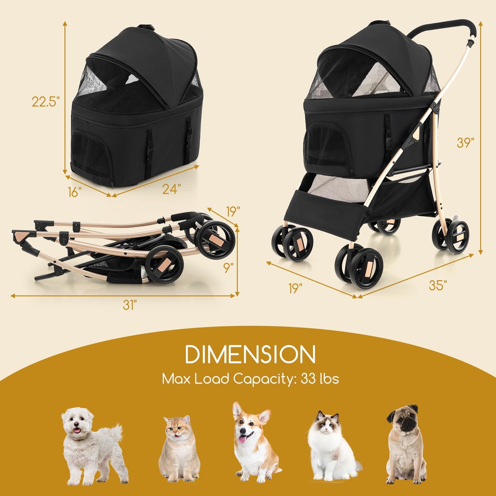 Giantex Pet Stroller 3-in-1, Folding Dog Stroller Detachable Carrier Car Seat (Black & Gold)