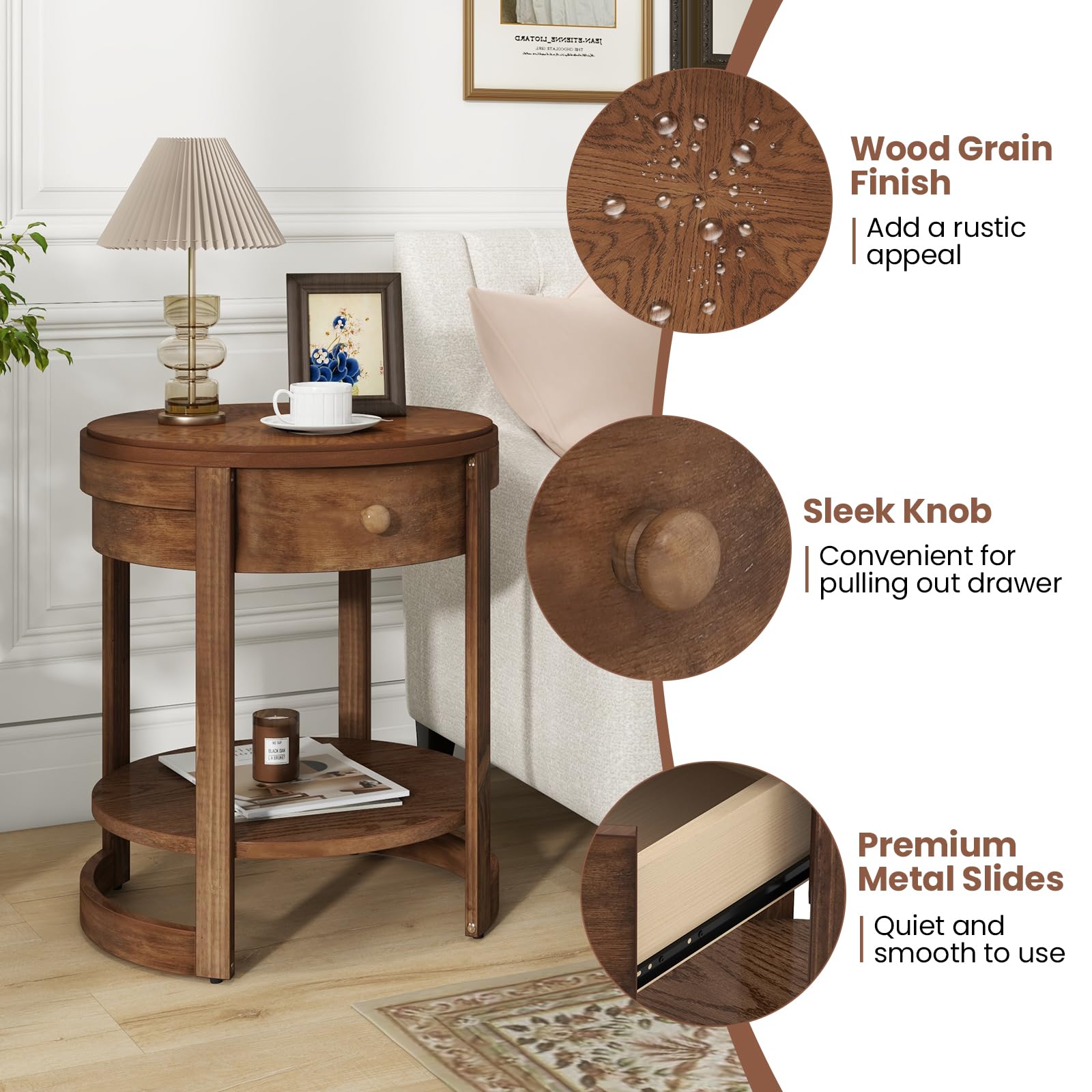 Giantex Round Side Tables Set of 1/2, 2-Tier Retro End Tables with Drawer & Shelf