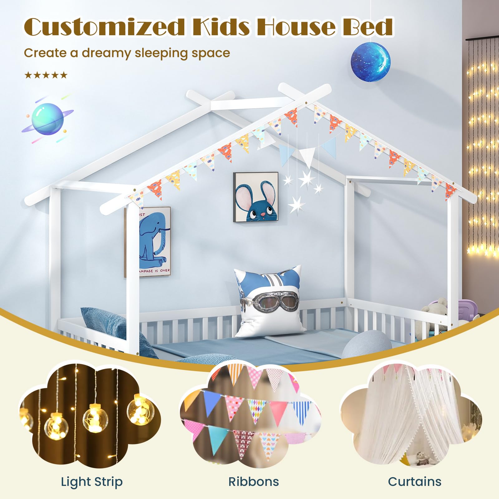 Giantex Extendable House Bed for Kids, Twin to King Daybed with Roof & Fence Rails, Wood Kids Bed Frame for Teens