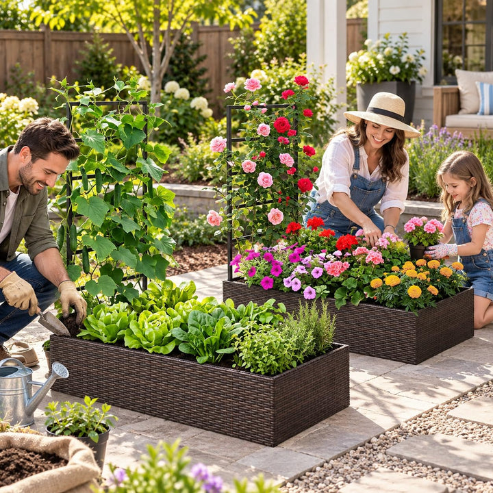 GIANTEX 44" Rattan Raised Garden Bed with Trellis (1/2)