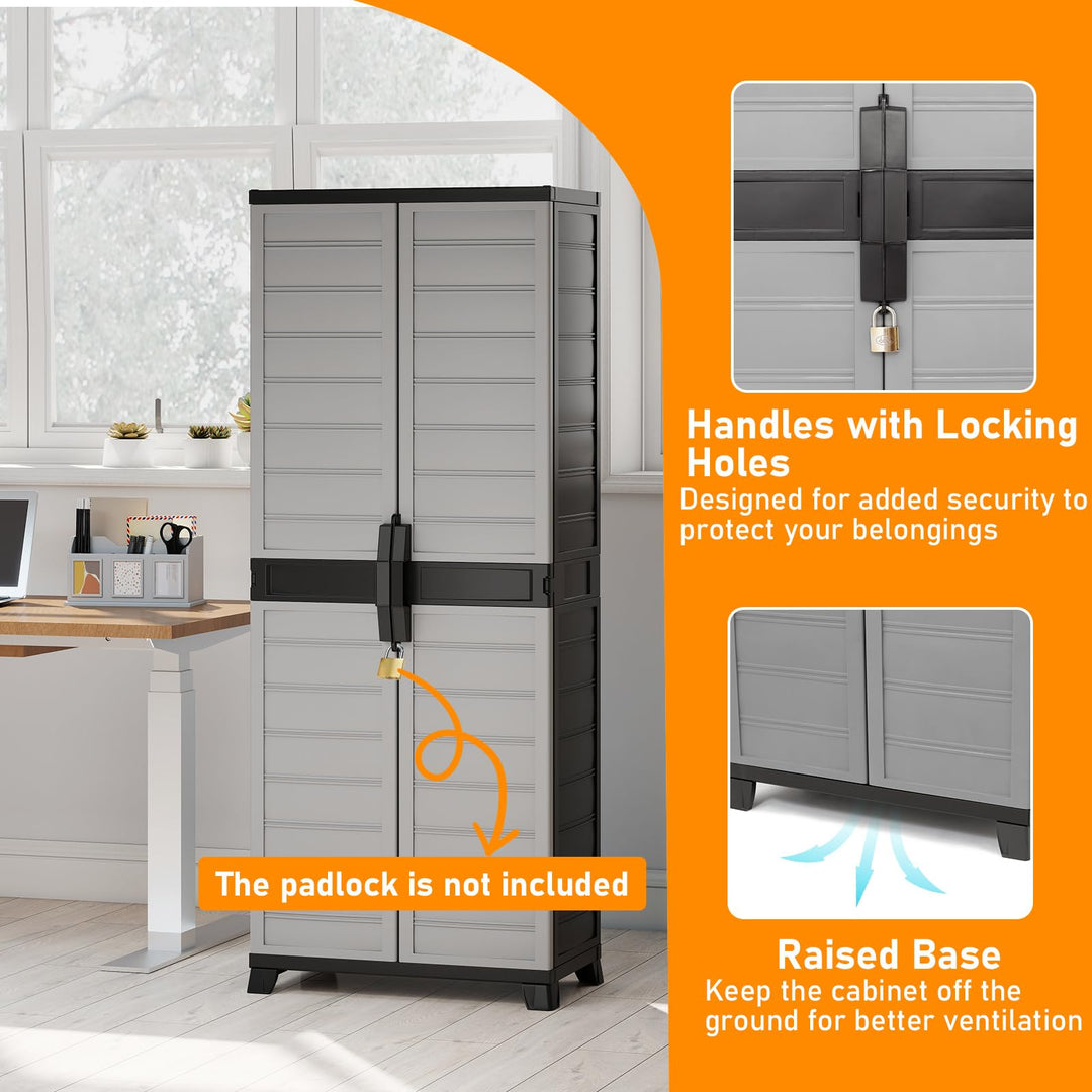 68" Lockable Storage Cabinet, PP Garage Storage Shed with Doors, 3 Adjustable Shelves
