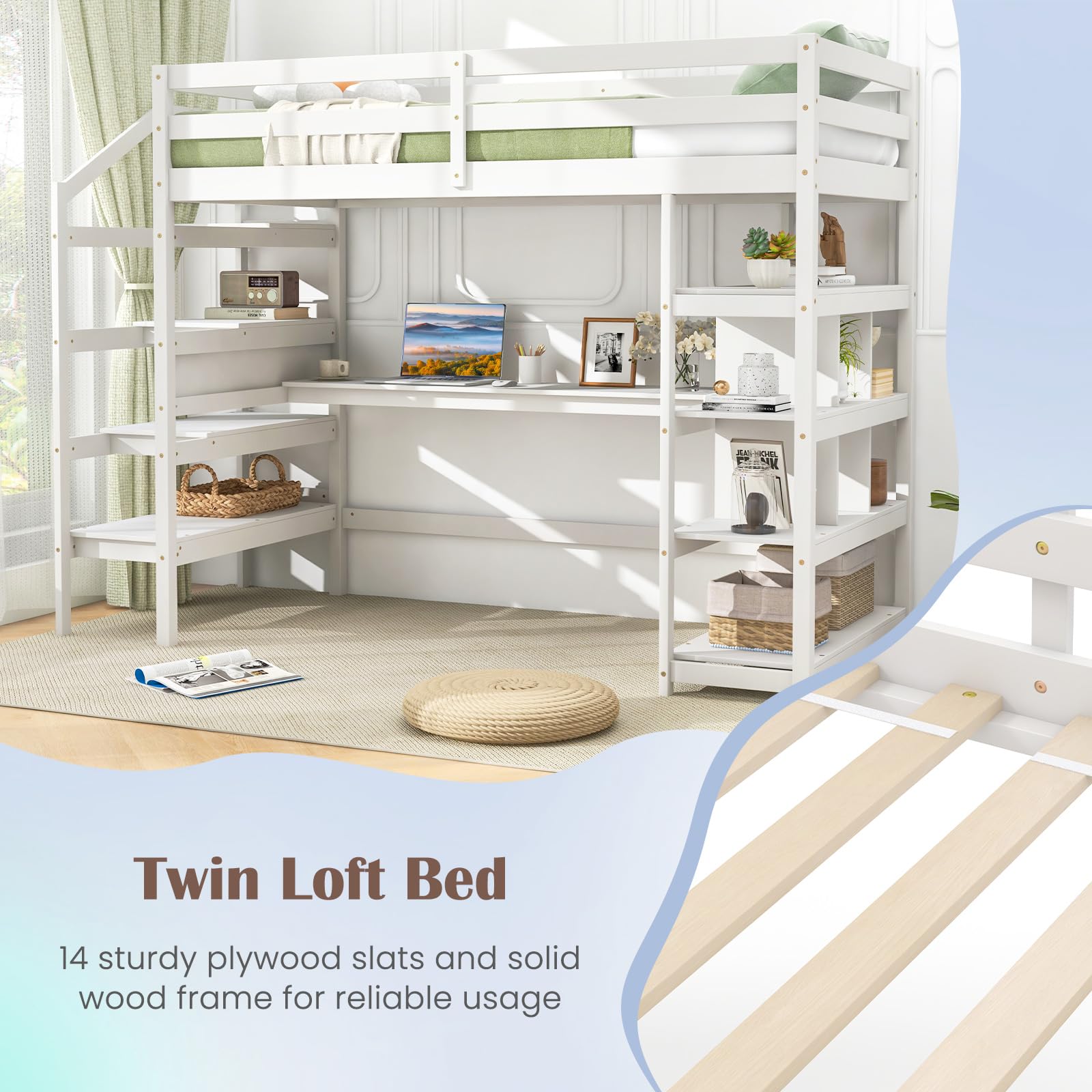Giantex Twin Loft Bed with Desk and Stairs, Solid Wood High Loft Bed with 4-Tier Storage Shelves