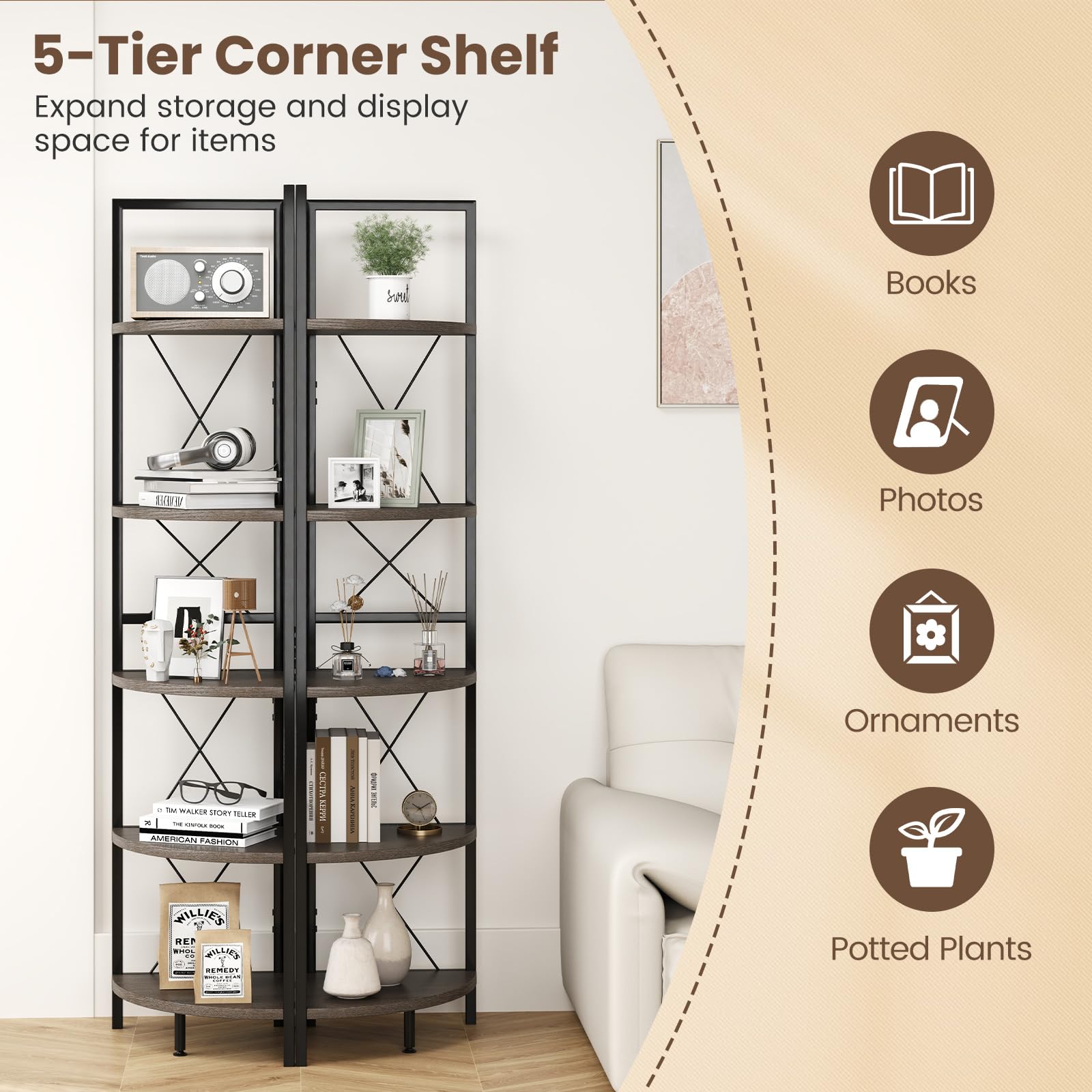 Giantex 5-Tier Corner Shelf, 63" Tall Corner Bookshelf, Freestanding Storage Rack w/Metal Frame