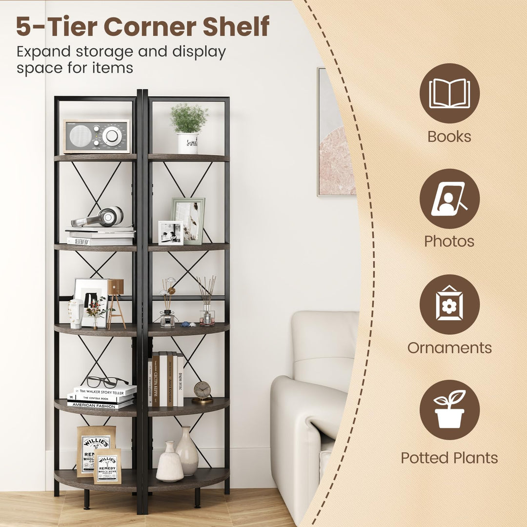 Giantex 5-Tier Corner Shelf, 63" Tall Corner Bookshelf, Freestanding Storage Rack w/Metal Frame