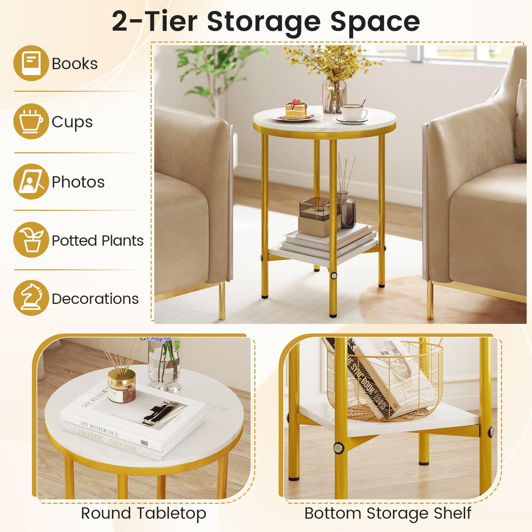 Giantex Round Side Table 2-Tier Faux Marble Sofa Side Coffee Table w/Gold Frame & Open Shelf