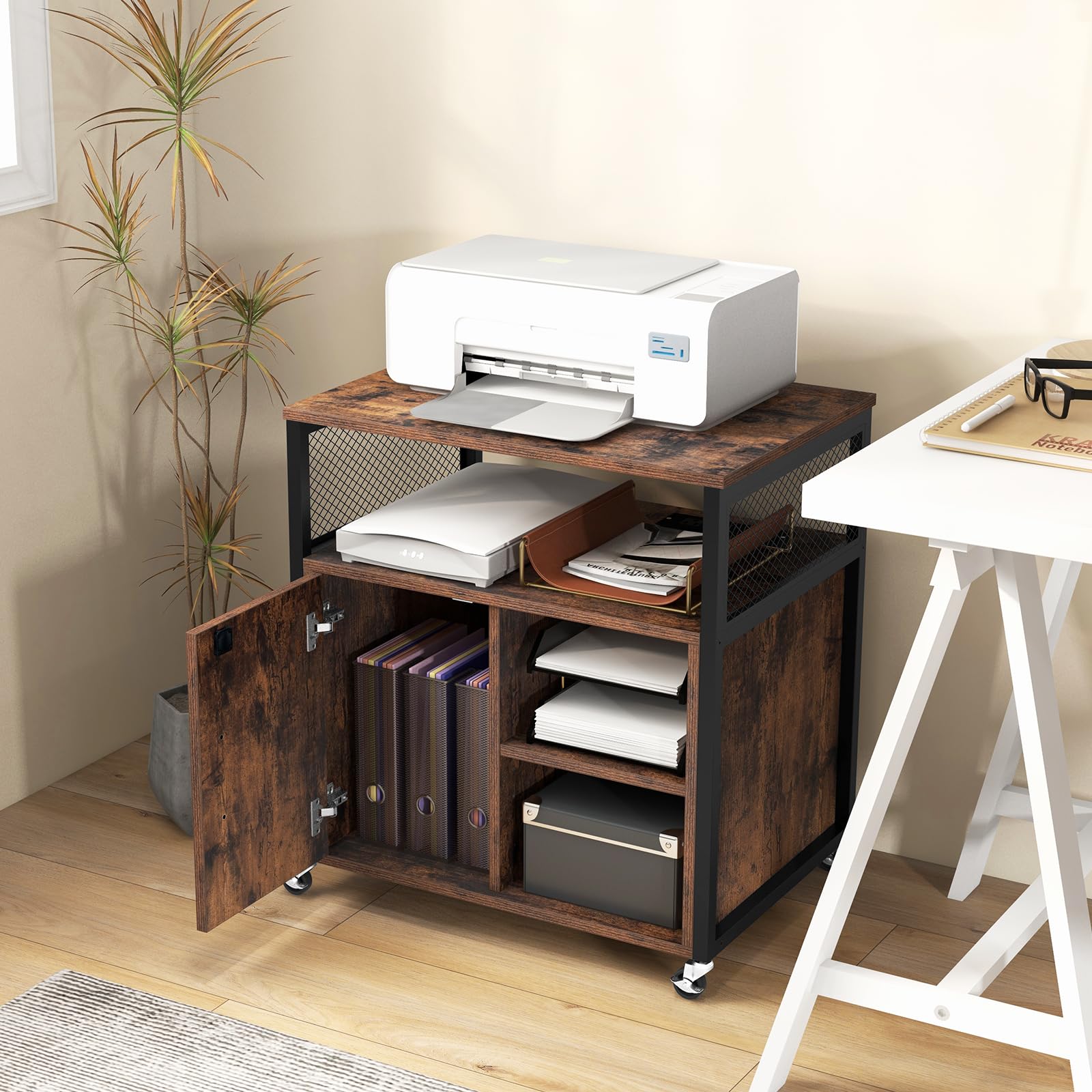 Giantex File Cabinet, Lateral Filing Cabinet with Lock, Wheels, Charging Station, Cable Hole, Lockable Side Cabinet