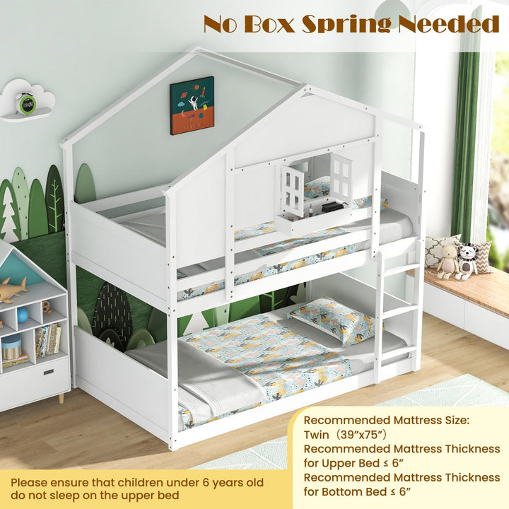 Giantex Bunk Bed Twin Over Twin, Wood House Bed for Kids with Roof, Window Door, White