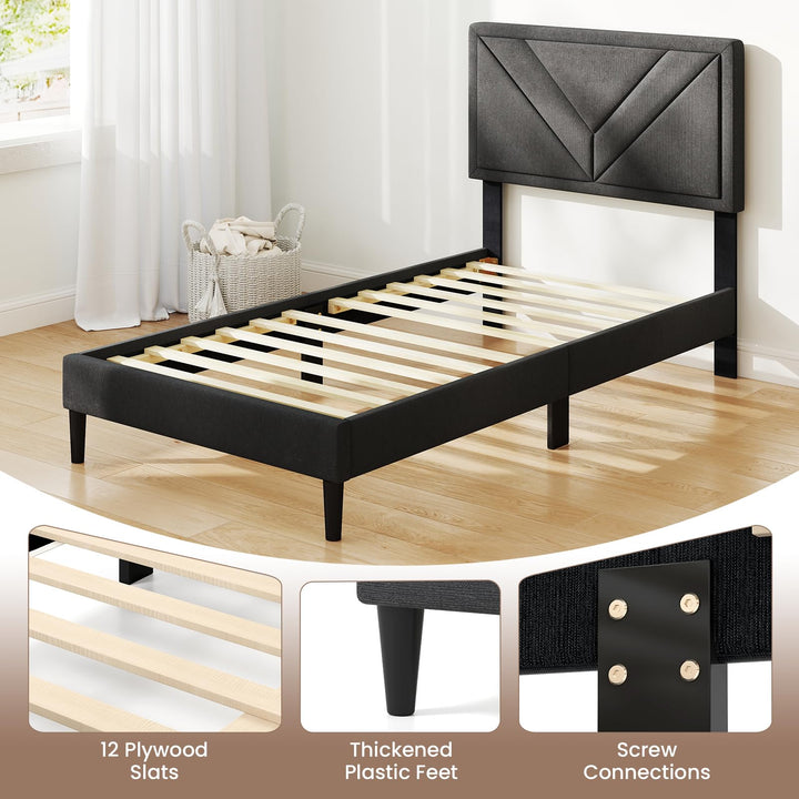 Upholstered Platform Bed Frame with Diagonal Channel Tufted Headboard