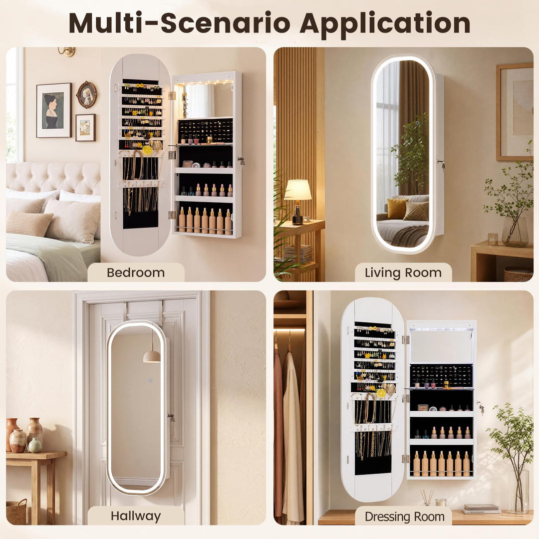 CHARMAID LED Full Length Mirror Jewelry Cabinet | Wall Mount &amp; Over the Door