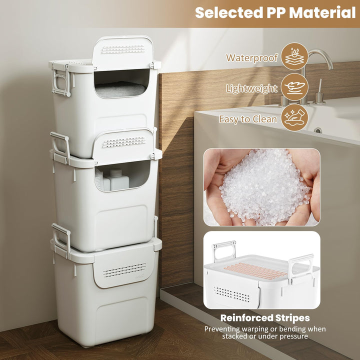 Giantex 3 Pieces Plastic Storage Bins Stackable with Front Door and Side Handles