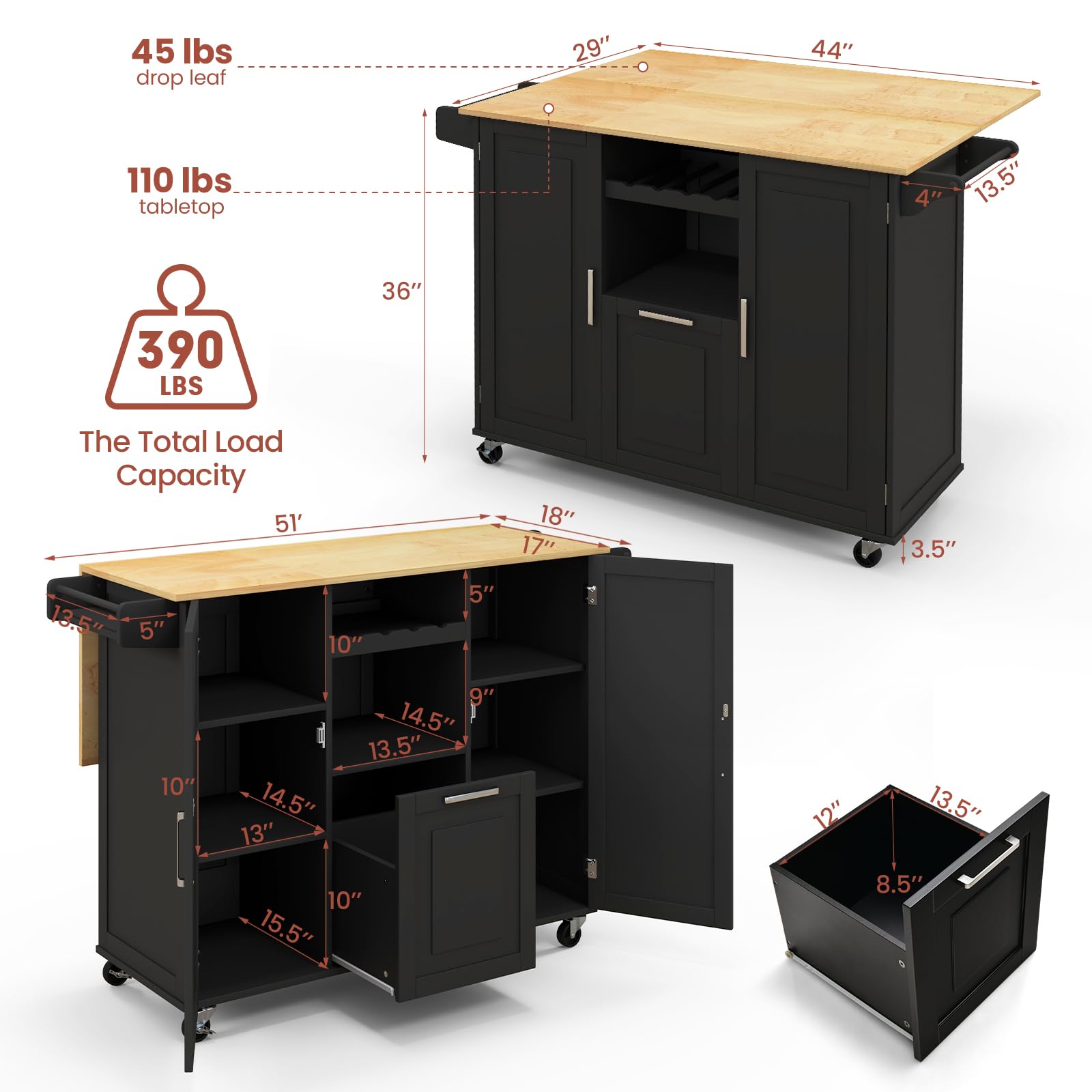 Mobile Kitchen Island, Black - Giantex