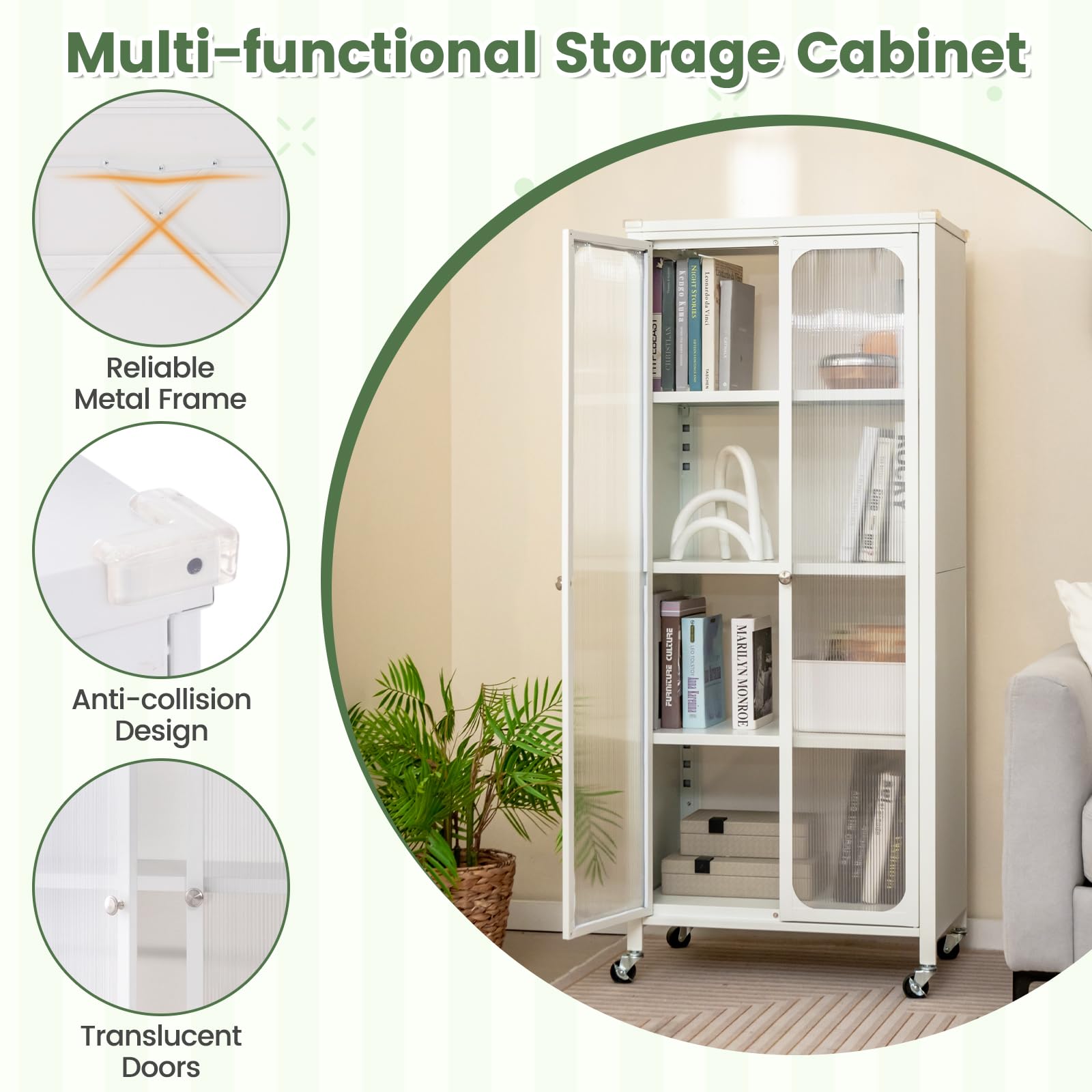 Giantex Bookcase with Doors, 58" Tall 4-Tier Bookshelf with Wheels, Adjustable Shelves (White)