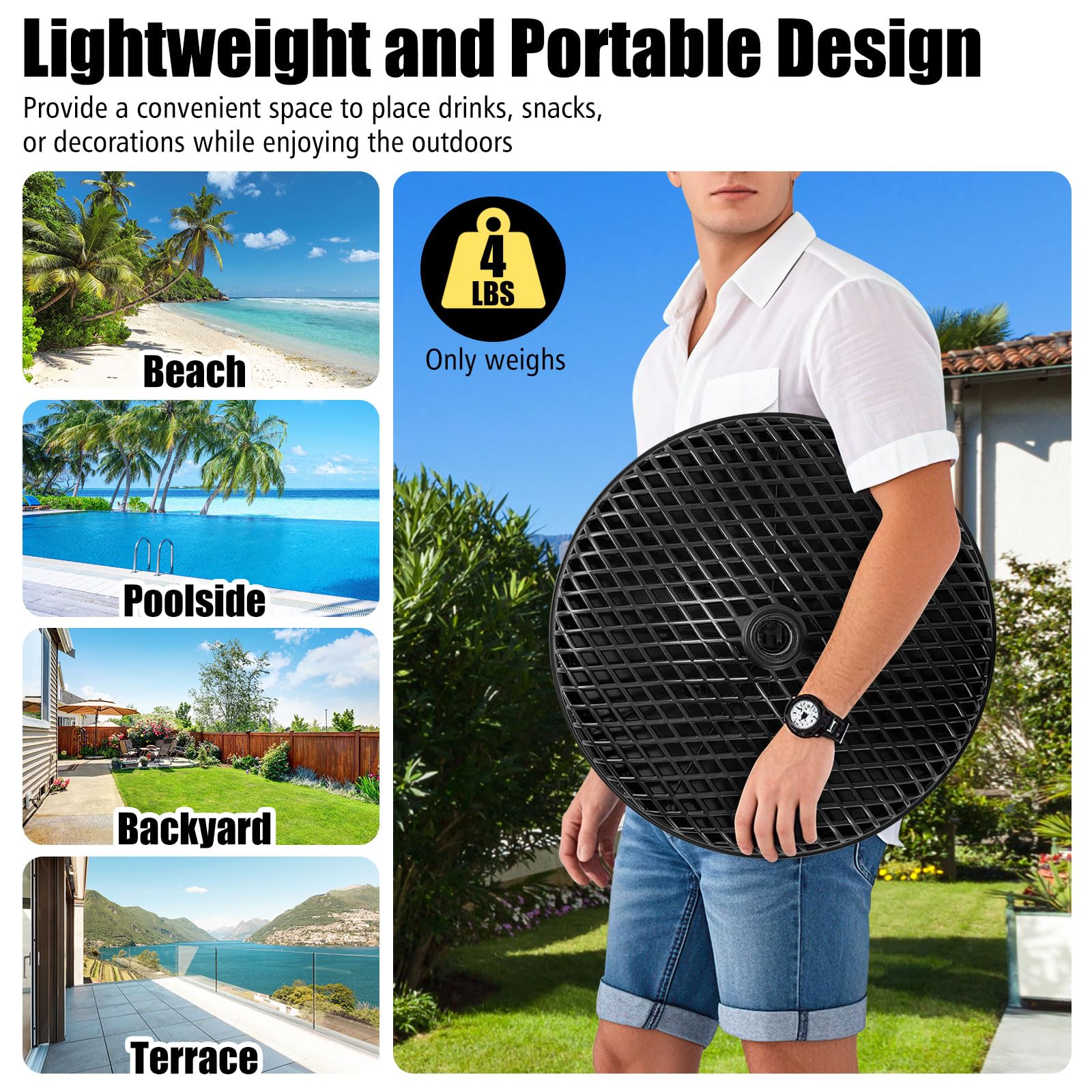 Patio Umbrella Table Tray - 23'' Portable Outdoor Side Table with Umbrella Hole for 1.5", 1.34" & 1.26" Poles