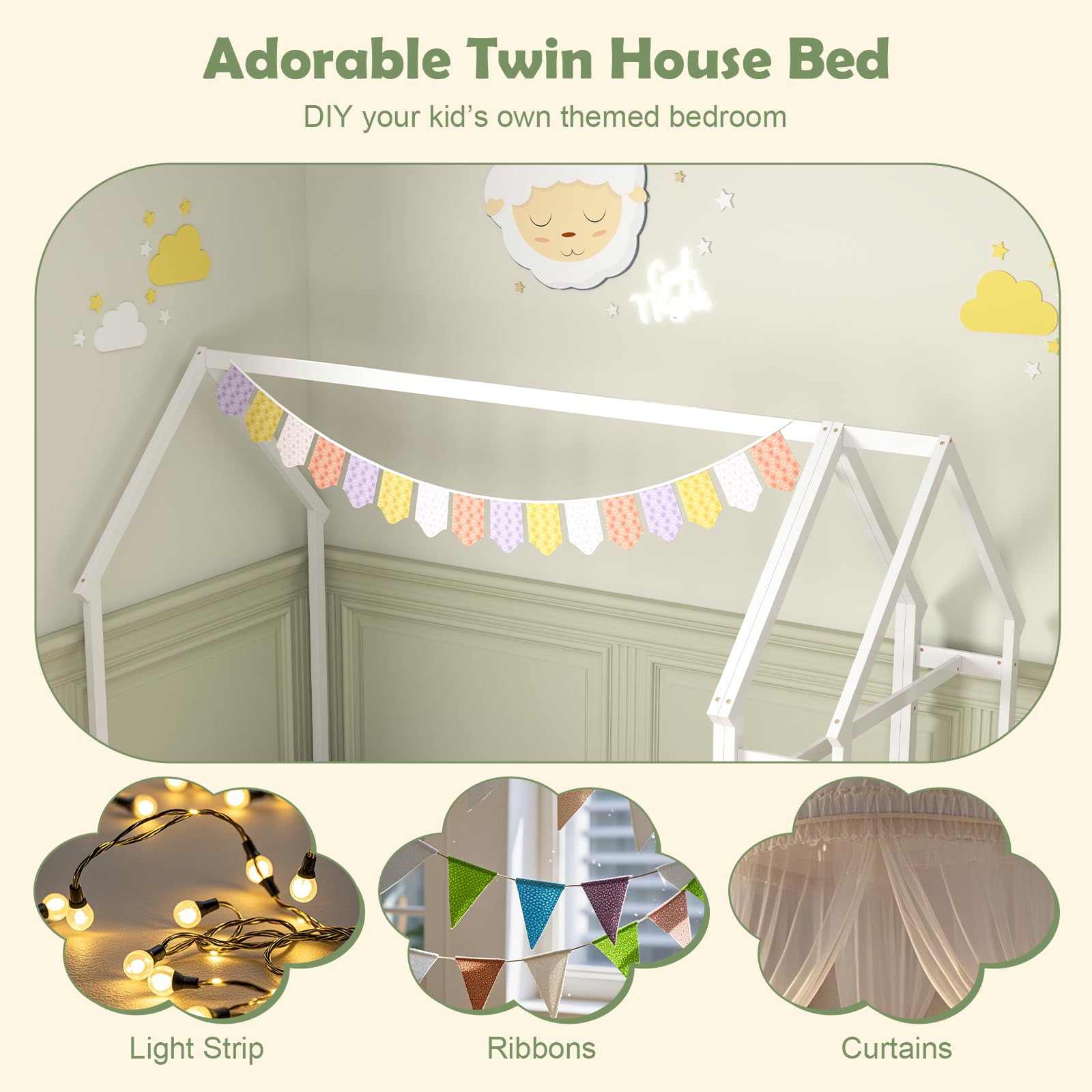 Giantex Twin House Floor Bed, Solid Wood Montessori Floor Bed with Detachable Storage Shelf & Clothes Hanger