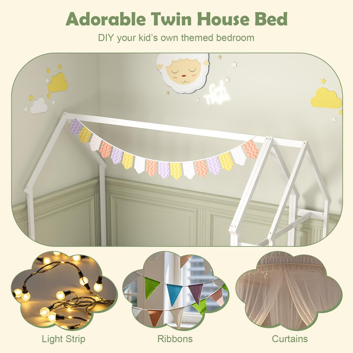 Giantex Twin House Floor Bed, Solid Wood Montessori Floor Bed with Detachable Storage Shelf & Clothes Hanger