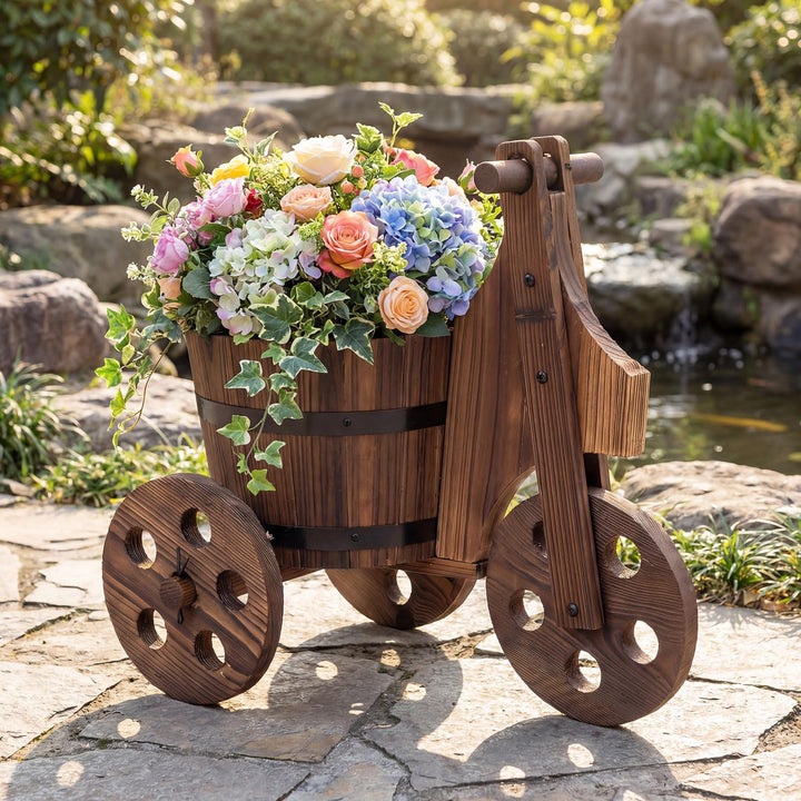 Giantex Wooden Wagon Planter with Wheels Rustic Wood Plant Stand(Solid Wheel)