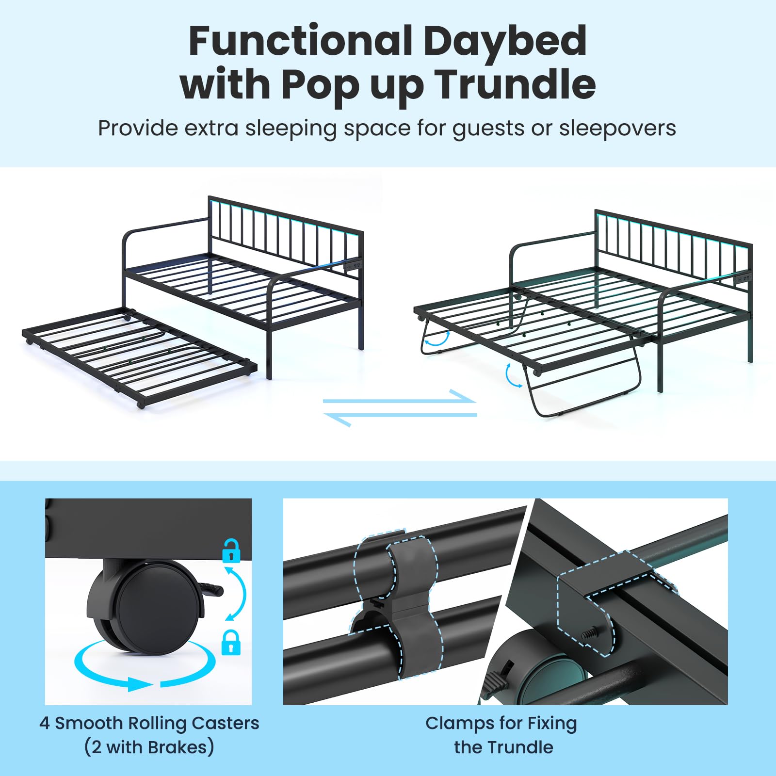 Giantex Twin Daybed with Trundle, Metal Day Bed with Charging Station & LED Lights