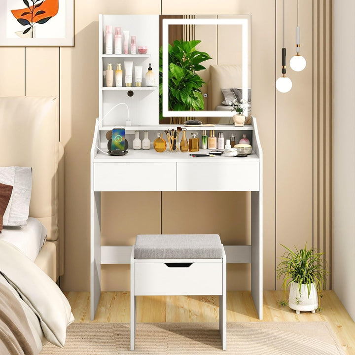 CHARMAID White Vanity Desk with LED Lighted Mirror