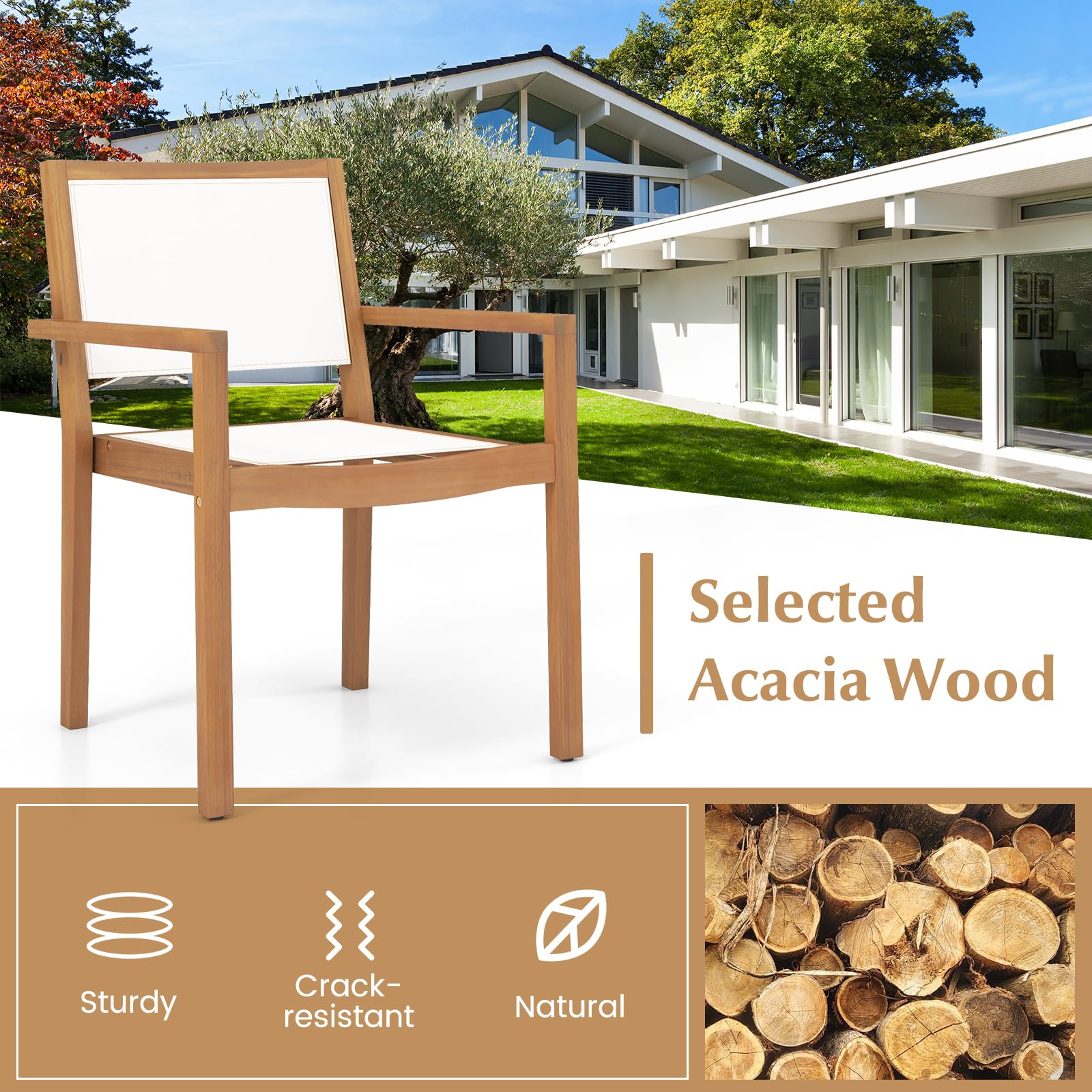 Giantex Stackable Outdoor Dining Chair Set, Patio Armchairs w/Acacia Wood Frame, All Weather Fabric, Armrests