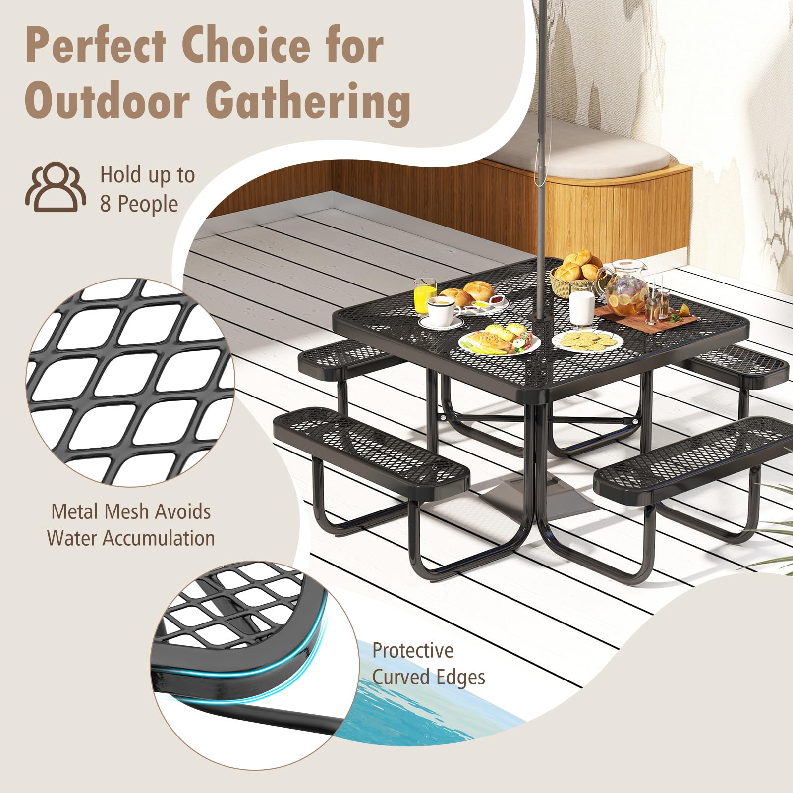 Giantex Picnic Table Set for 8 Persons, Heavy Duty Outdoor Table and Bench Set w/Umbrella Hole
