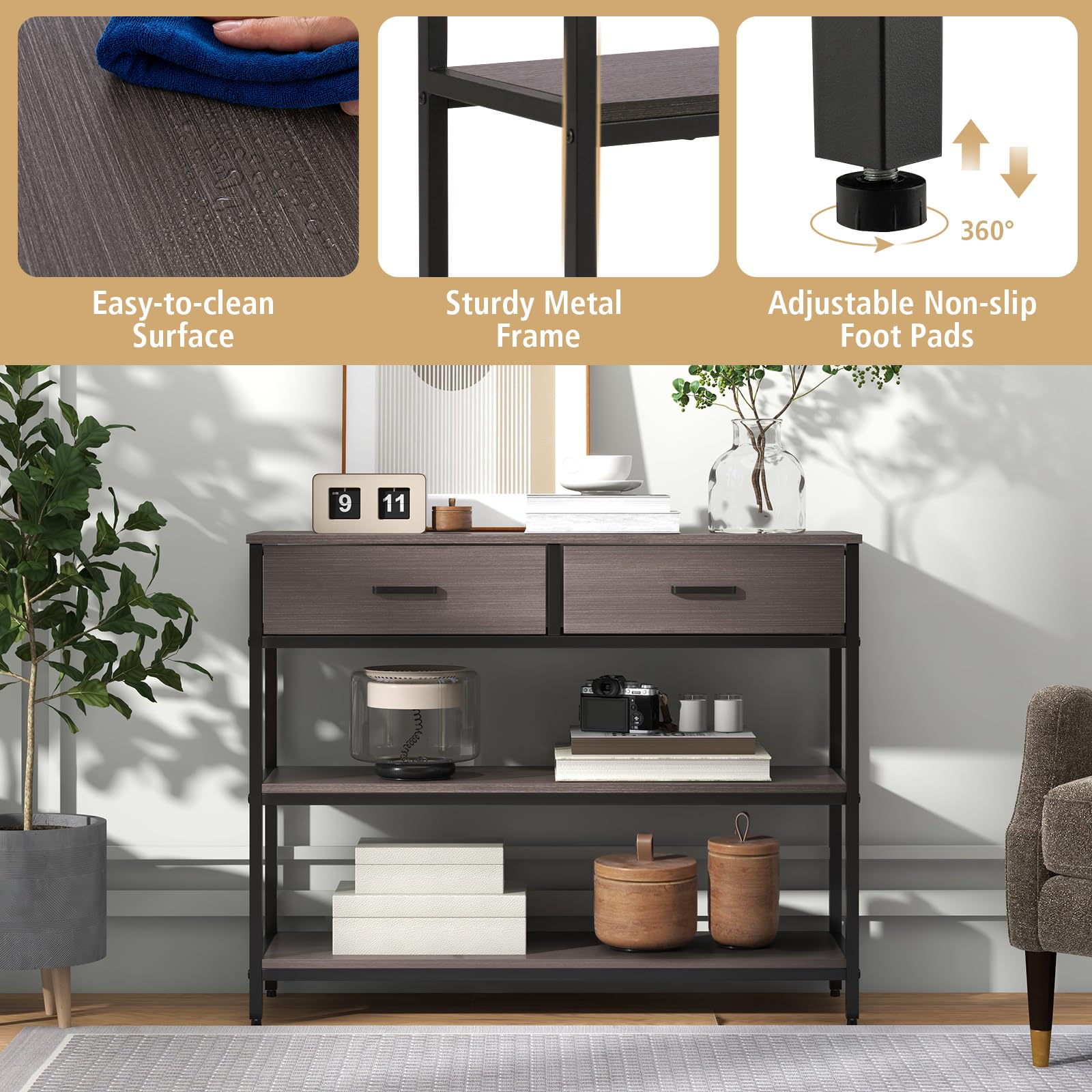 Giantex 3-Tier Entryway Table with Storage, Sofa Table w/ 2 Large Drawers, 2 Open Storage Shelves
