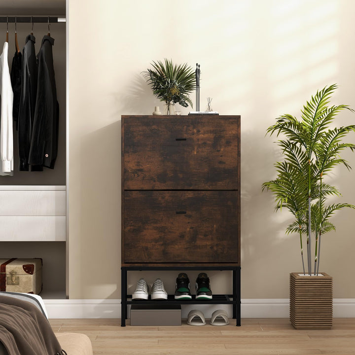 Giantex Shoe Storage Cabinet - Hidden Shoe Organizer with 2 Flip Drawers, Adjustable & Removable Interior Shelves
