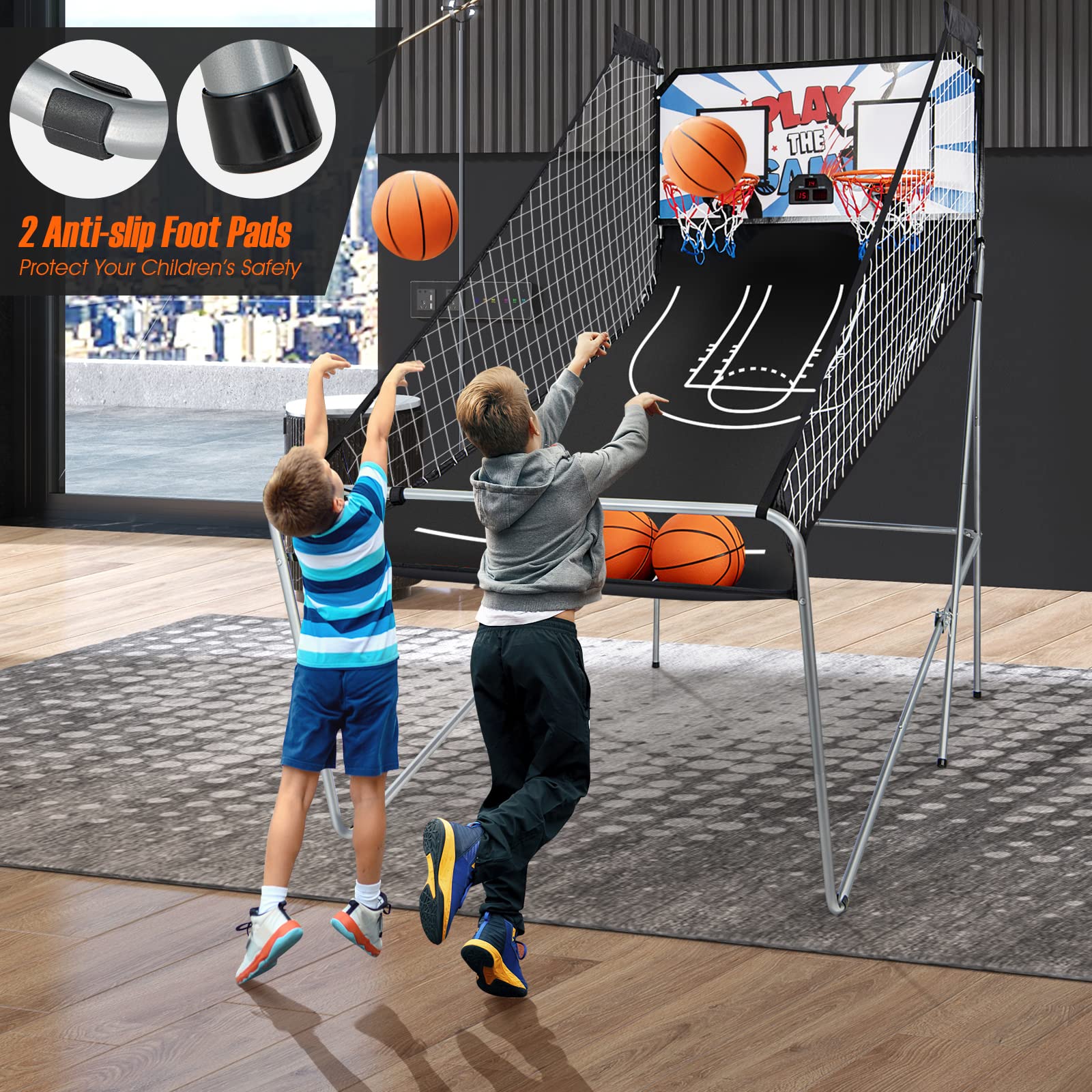 Foldable Basketball Arcade Game, 8 Game Options, Electronic Double Shot 2 Player w/ 4 Balls and LED Scoring System