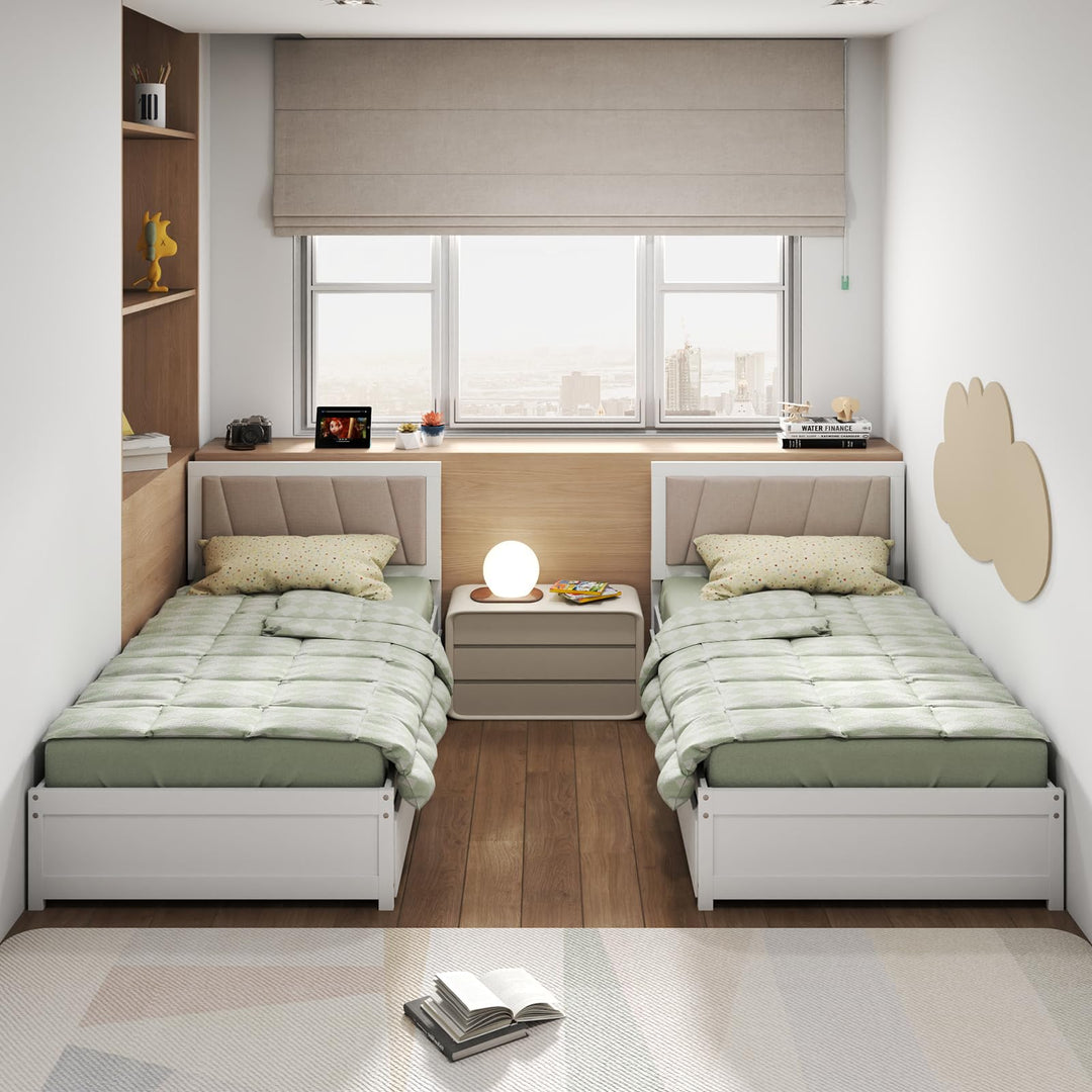 Giantex Wood Twin Bed with 2 Storage Drawers, Solid Wood Platform Bed with Upholstered Headboard