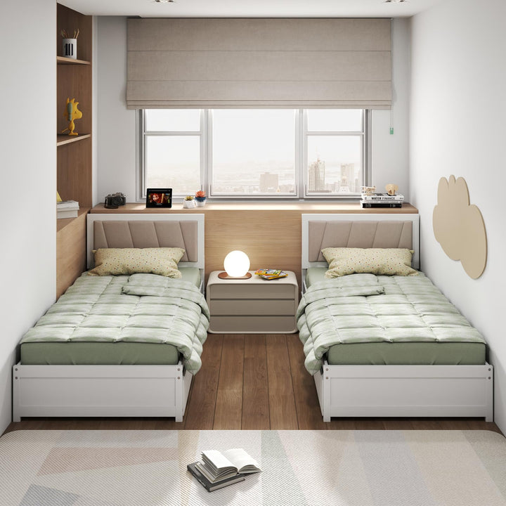 Giantex Wood Twin Bed with 2 Storage Drawers, Solid Wood Platform Bed with Upholstered Headboard