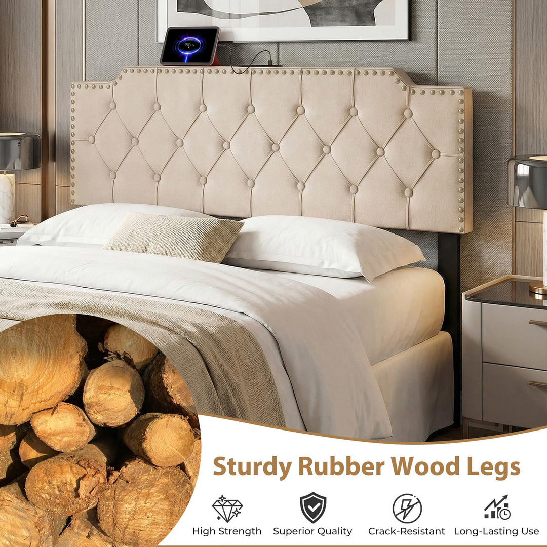 Giantex Headboard for Queen and Full Size Bed | Rivet Tufted Upholstered Head Board w/ 2 AC Outlets