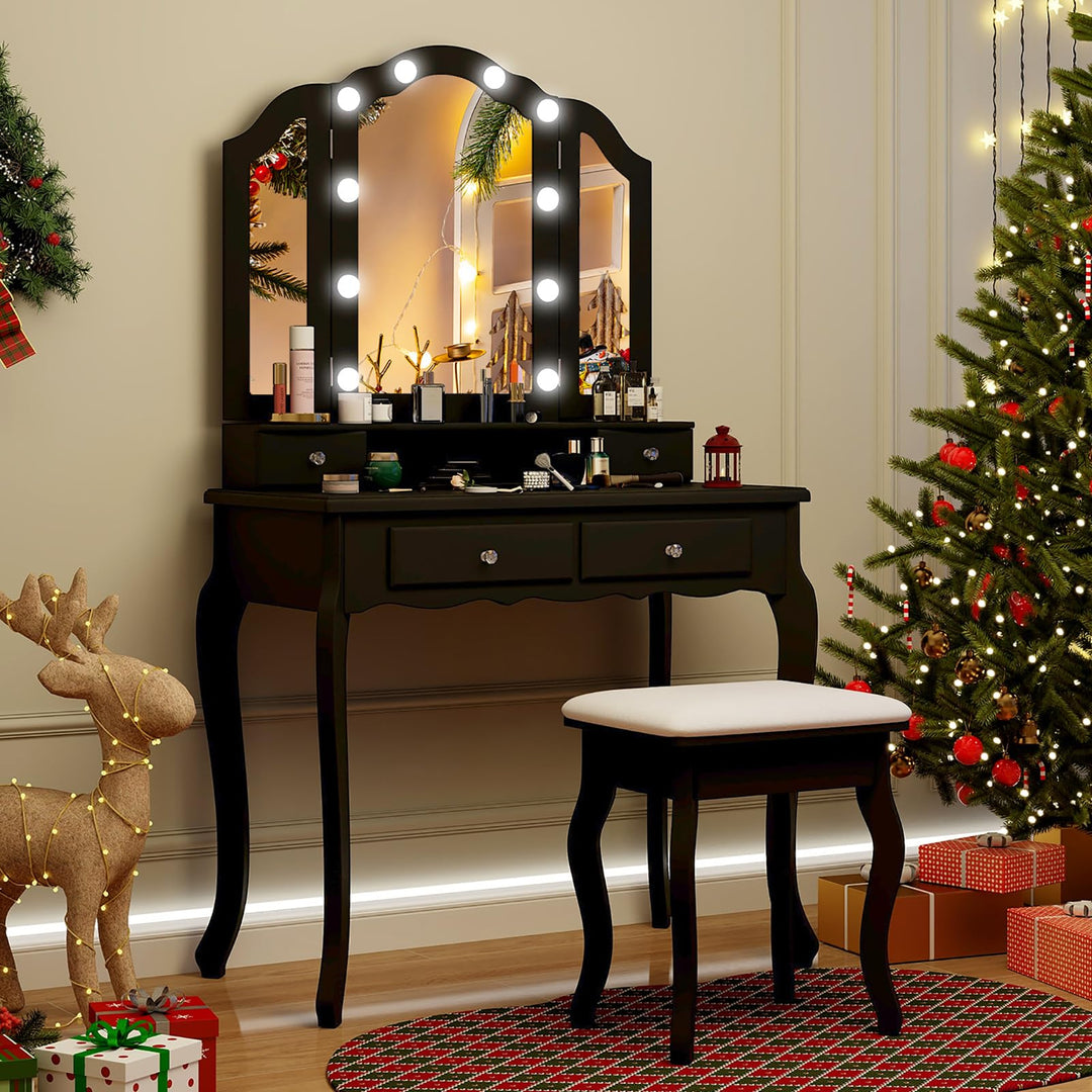CHARMAID Vanity Desk with Lights - Makeup Vanity Table with Tri-Fold Mirror, 10 Adjustable Hollywood LED Lights, 4 Storage Drawers