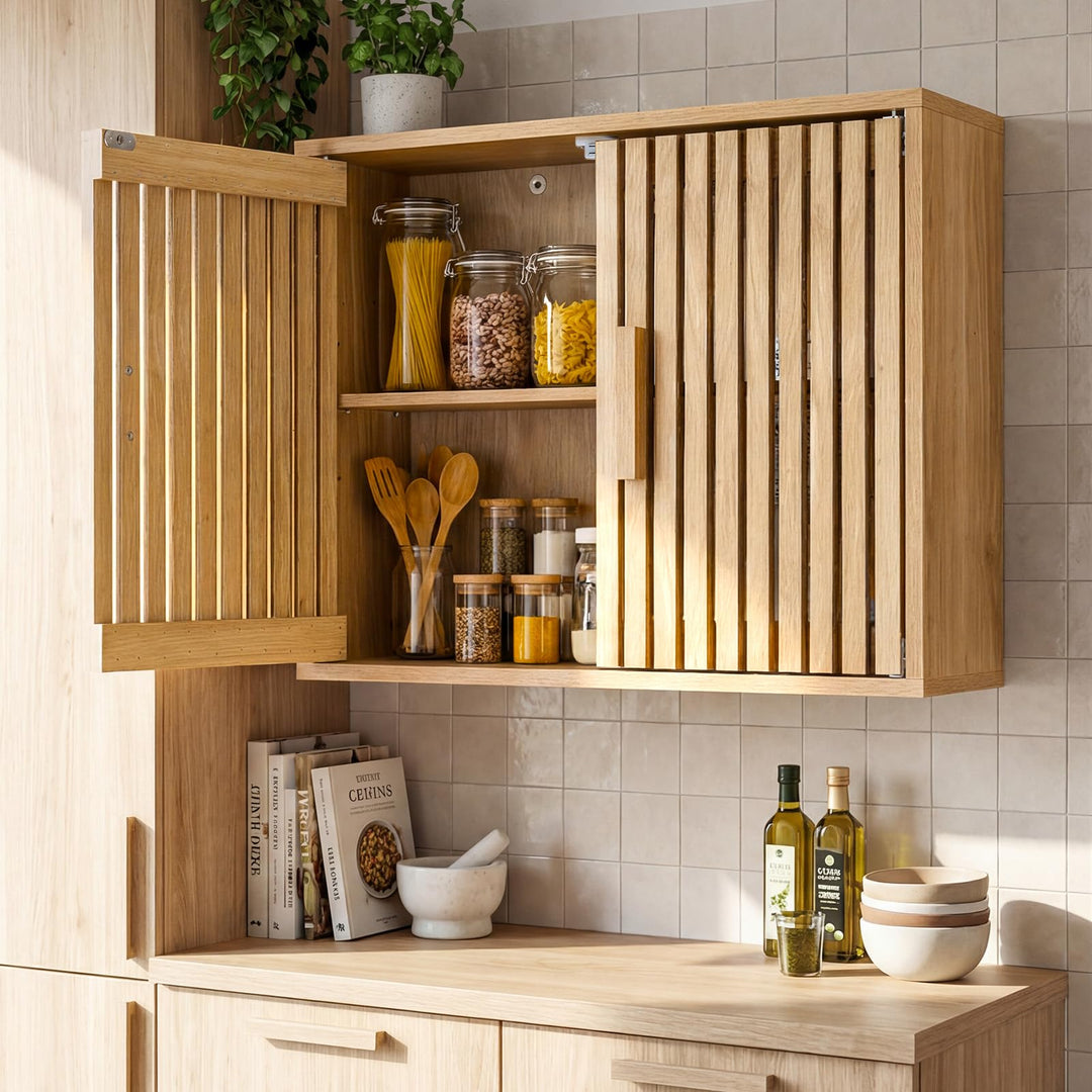 Giantex Wall Mounted Wooden Medicine Cabinet with 2 Slatted Doors
