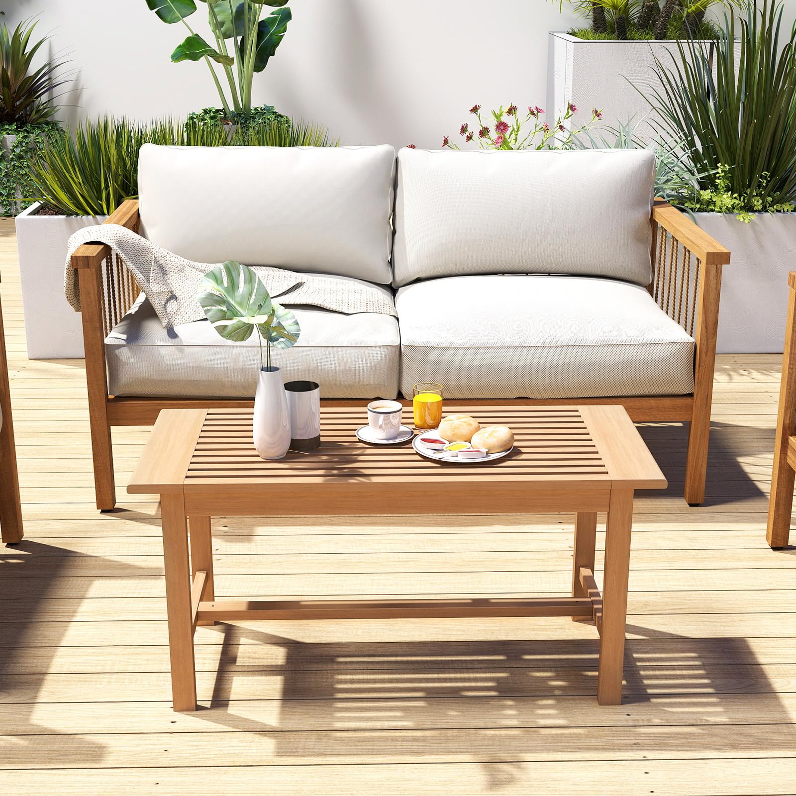 Giantex Teak Wood Patio Coffee Table - 36” Rectangular Outside Side Table with Slatted Tabletop