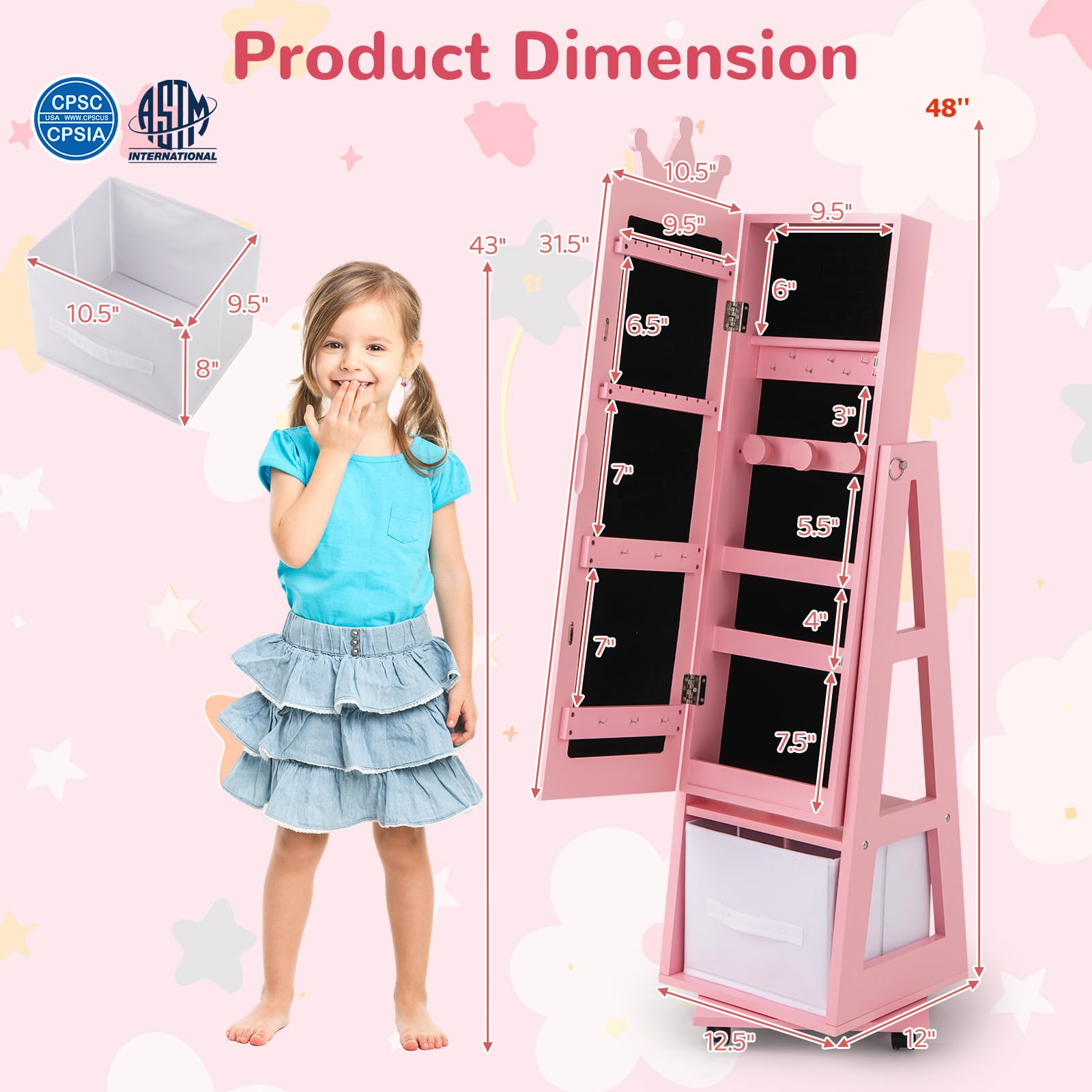 CHARMAID 360° Swivel Kids Jewelry Cabinet, 48" Standing Jewelry Organizer with Full Length Mirror, Storage Drawer