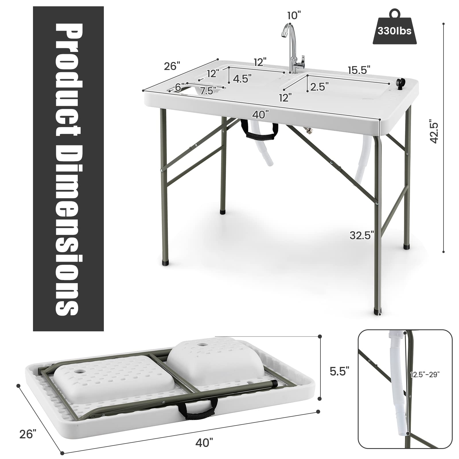 Giantex Fish Cleaning Table with 2 Sinks, Faucet, Garage Holder, Portable Folding Camping Table with Measuring Mark
