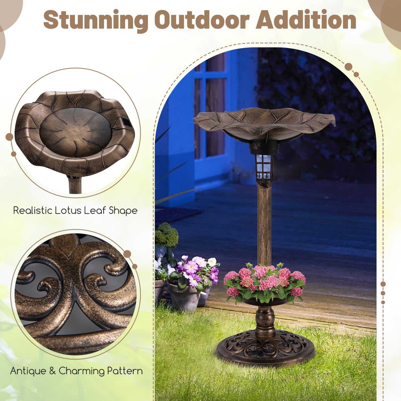 Giantex Bird Bath for Outside, 30 inch Solar Lighted Bird Bath and Feeder with Flower Planter