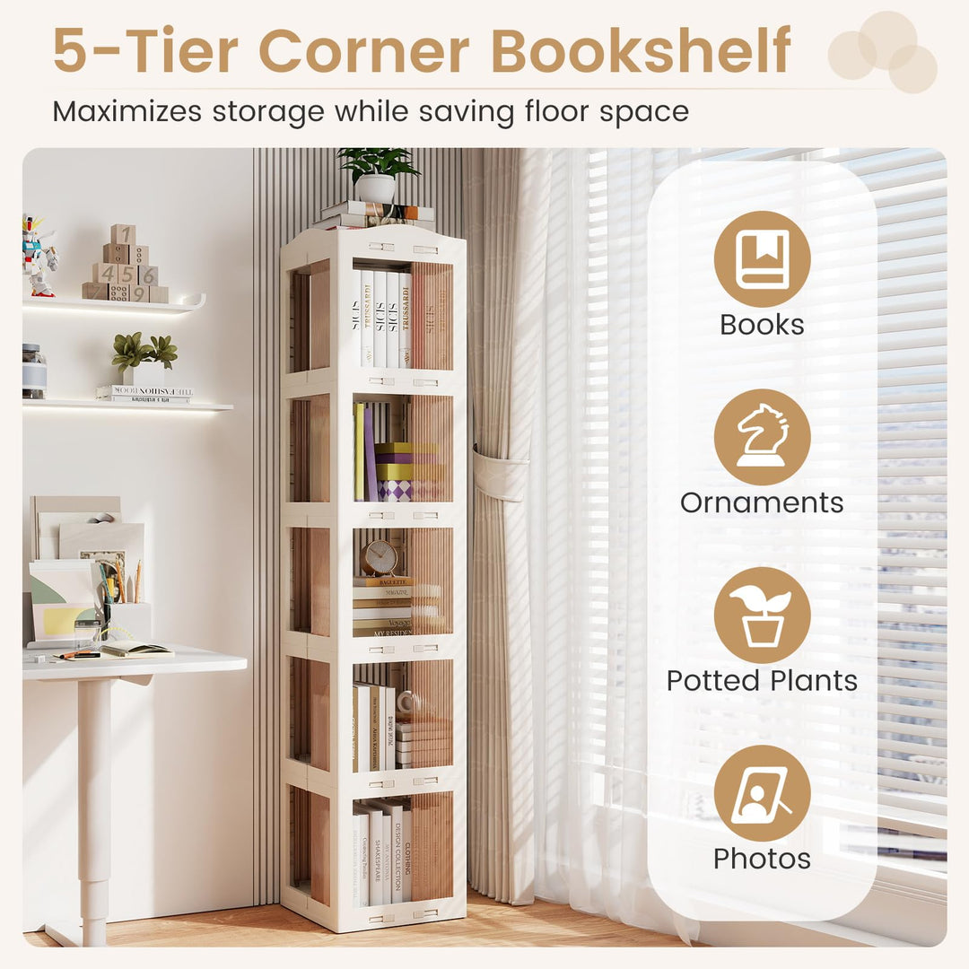 Giantex 5-Tier Foldable Rotating Bookshelf w/Swivel Base | 360° Revolving Bookshelf Tower