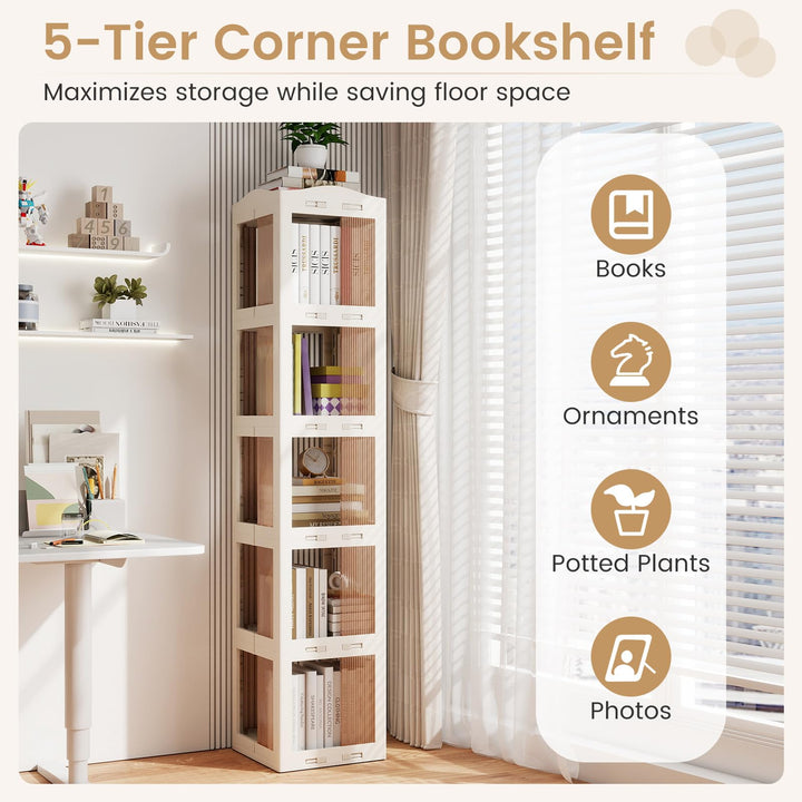 Giantex 5-Tier Foldable Rotating Bookshelf w/Swivel Base | 360° Revolving Bookshelf Tower