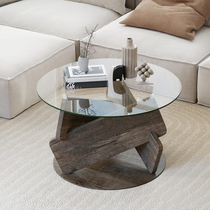 Giantex 32inch Glass Round Coffee Table with Clear Tempered Glass Top Solid Wood Legs