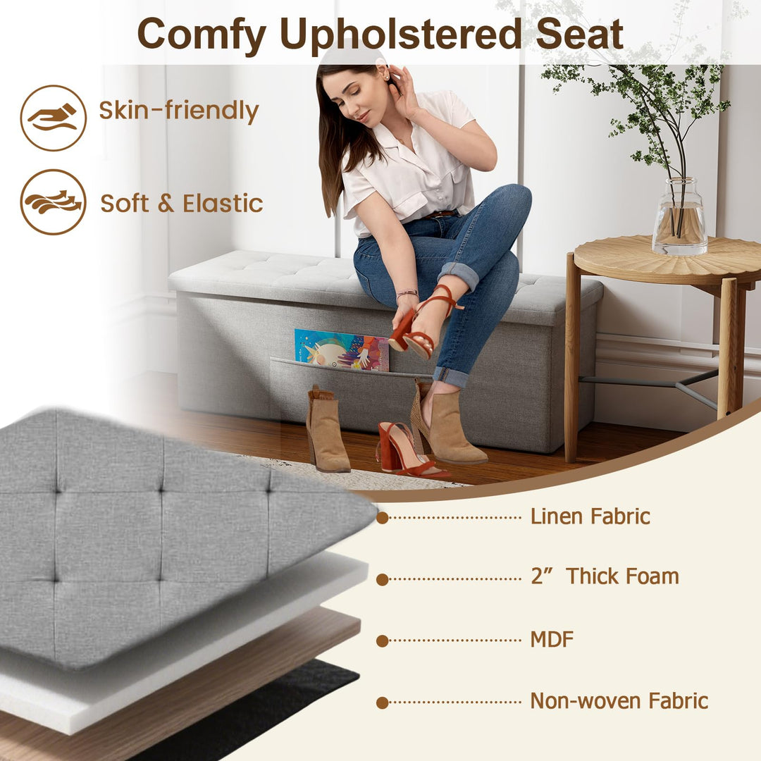 Giantex 43 Inches Folding Storage Ottoman Bench Upholstered Storage Chest with Side Pocket
