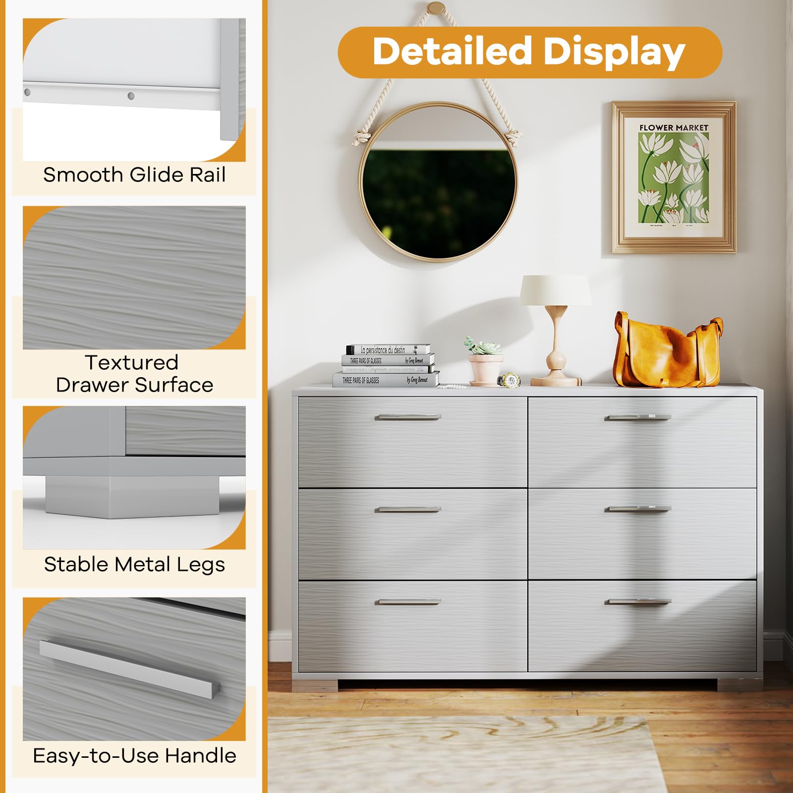 Giantex Storage Cabinet with 6 Drawers, Metal Legs & Handles, Anti-Toppling Devices, Grey