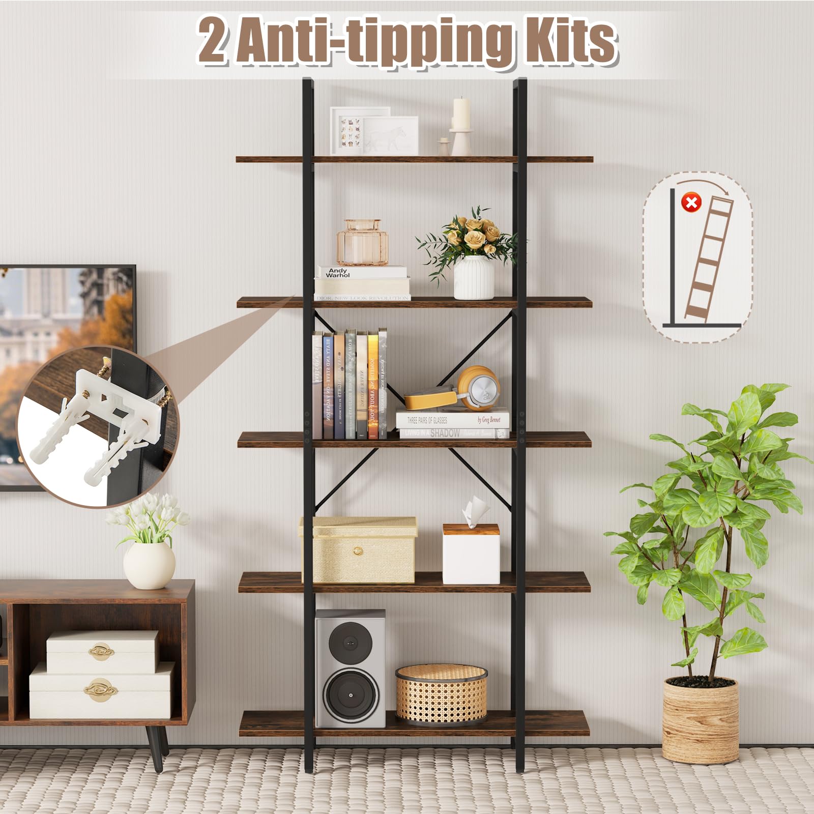 Giantex 5 Tier Industrial Bookshelf for Living Room Bedroom Study