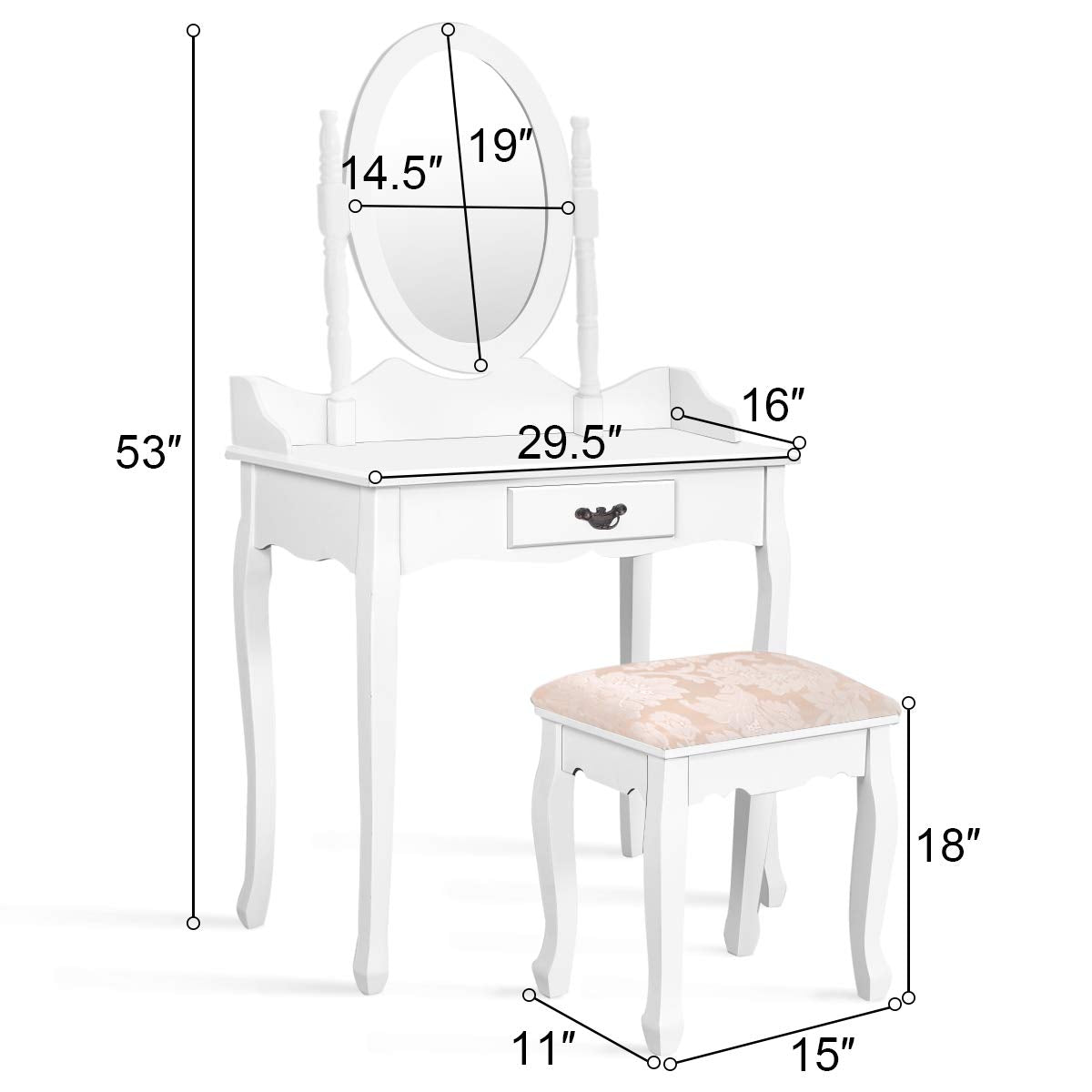 Giantex Bathroom Vanity Table Set w/Mirror Cushioned Stool Makeup Dressing Table Set