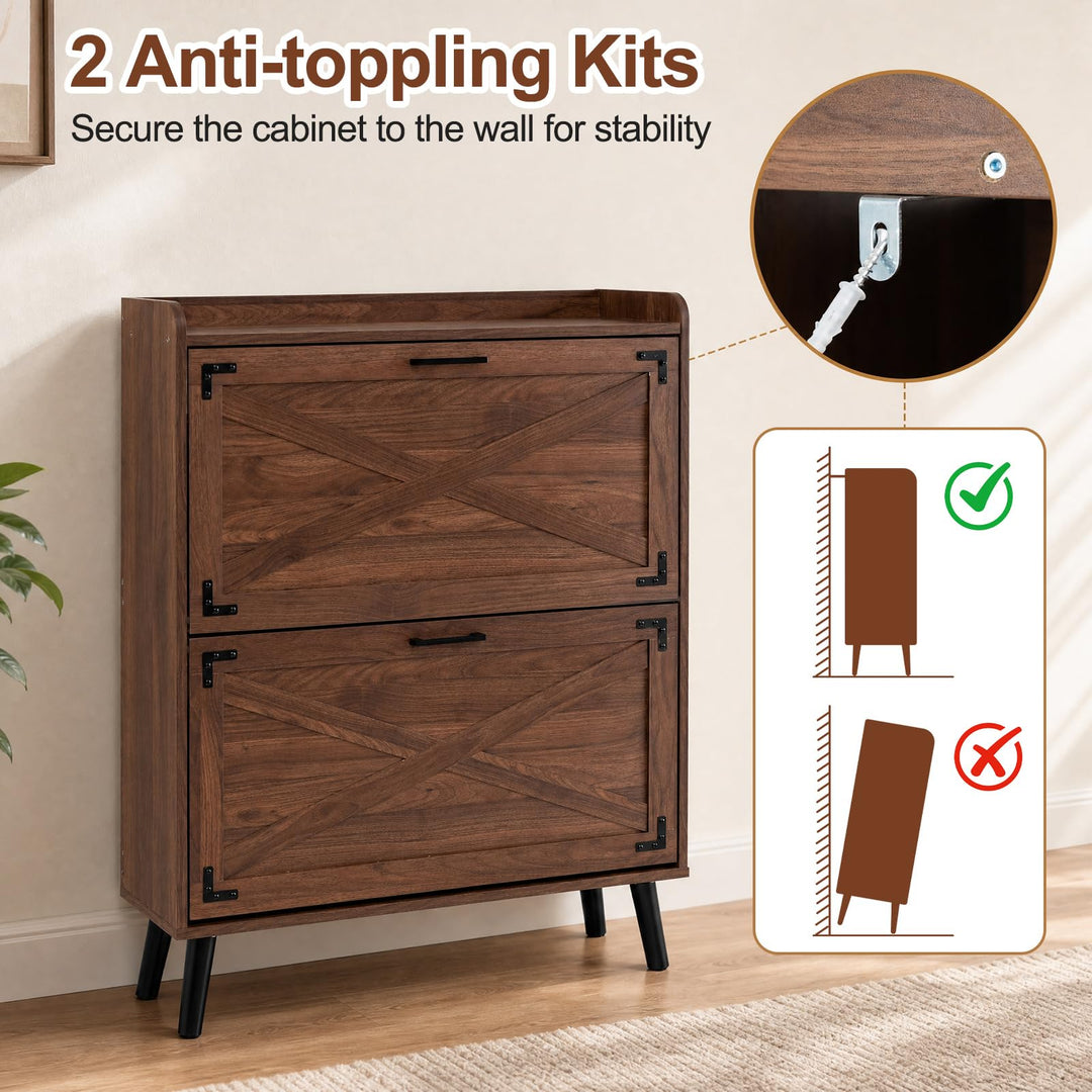 Giantex Freestanding Slim Farmhouse Shoe Storage Cabinet with 2 Flip Drawers