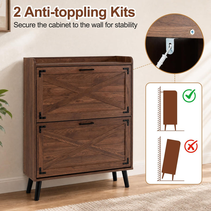Giantex Freestanding Slim Farmhouse Shoe Storage Cabinet with 2 Flip Drawers