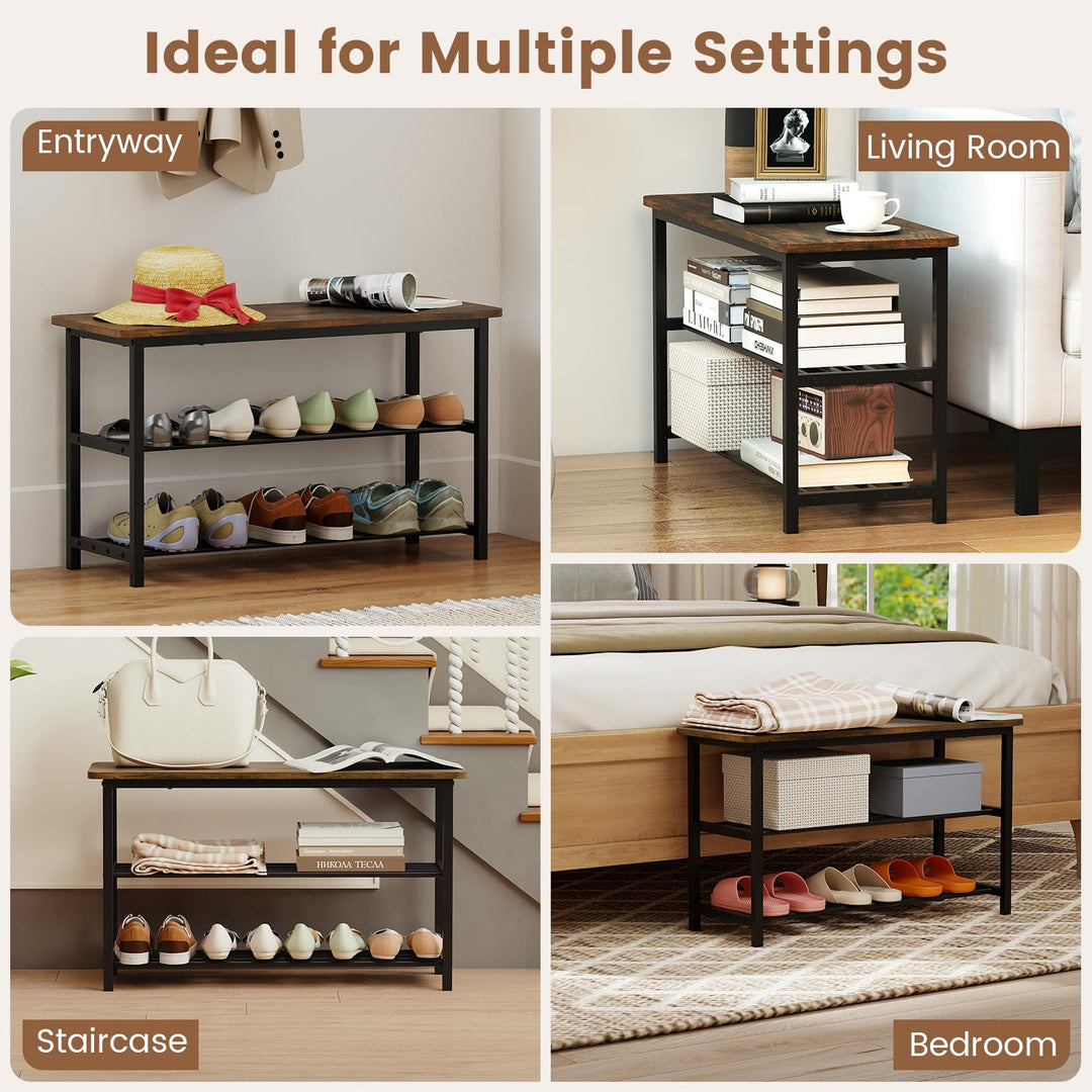 Giantex 3-Tier Shoe Bench 32" L Shoe Organizer Storage Bench with Metal Slat Shelves & Seat