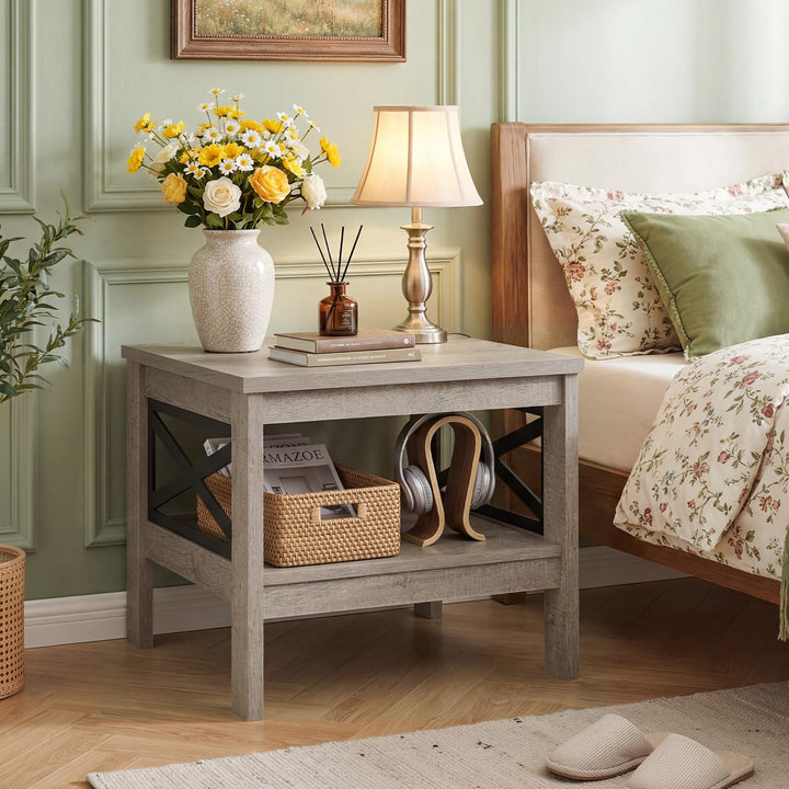 Giantex 2-Tier Square End Table with Storage Shelf &amp; X-Frame