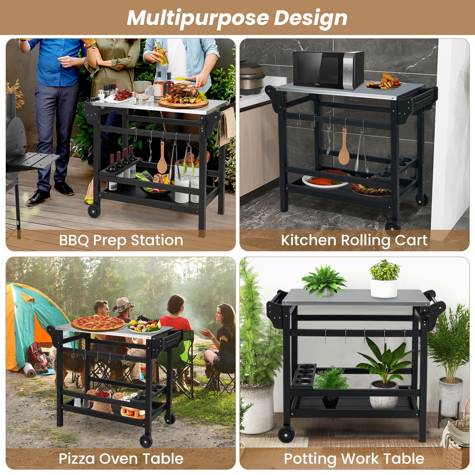Giantex Grill Cart Pizza Oven Stand, HDPE Outdoor Prep Table, Stainless Steel Top, Storage Shelf